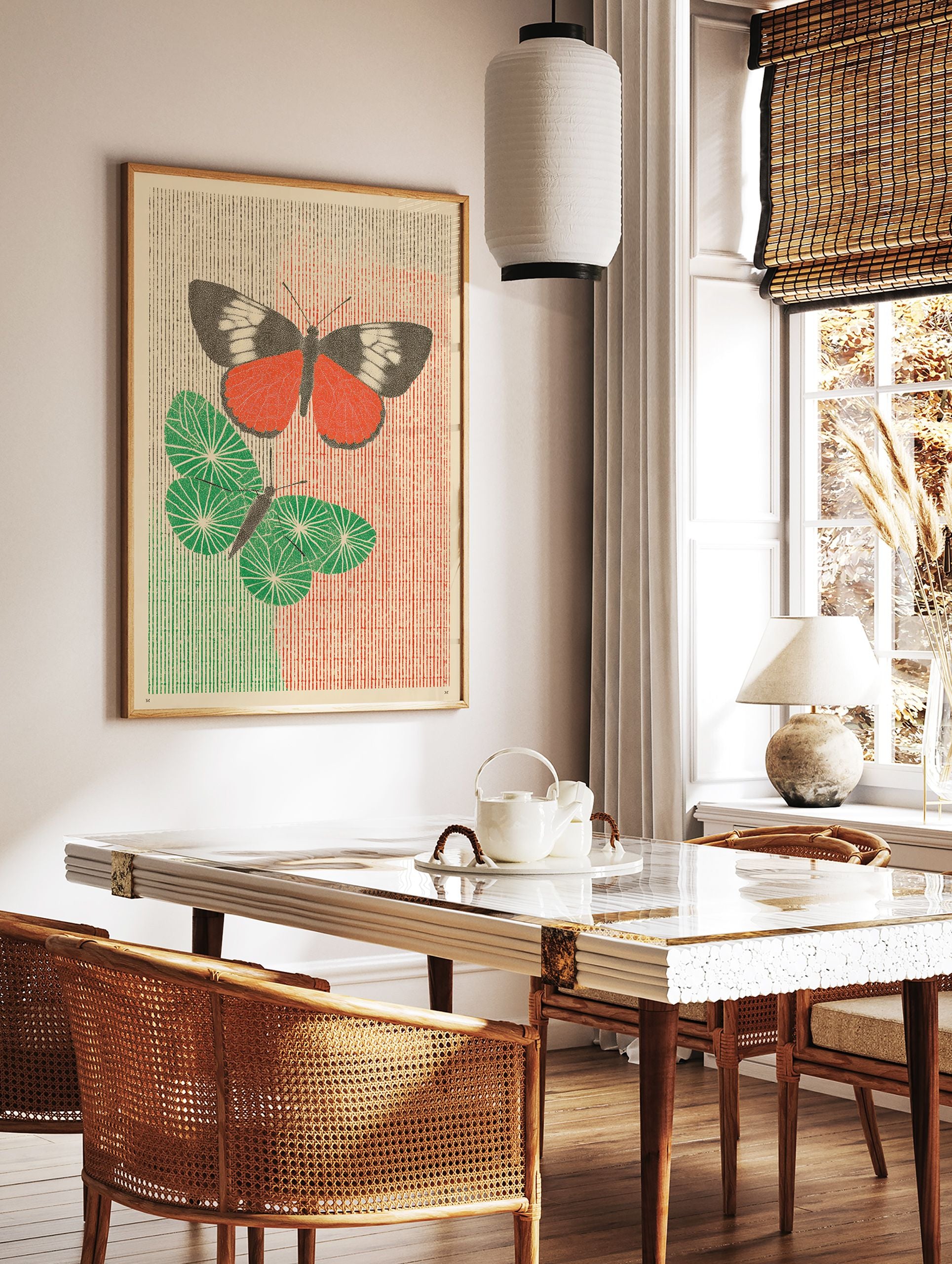 Red and green butterfly poster with two stylized insects on a textured striped background, one red, one green. - Image 2