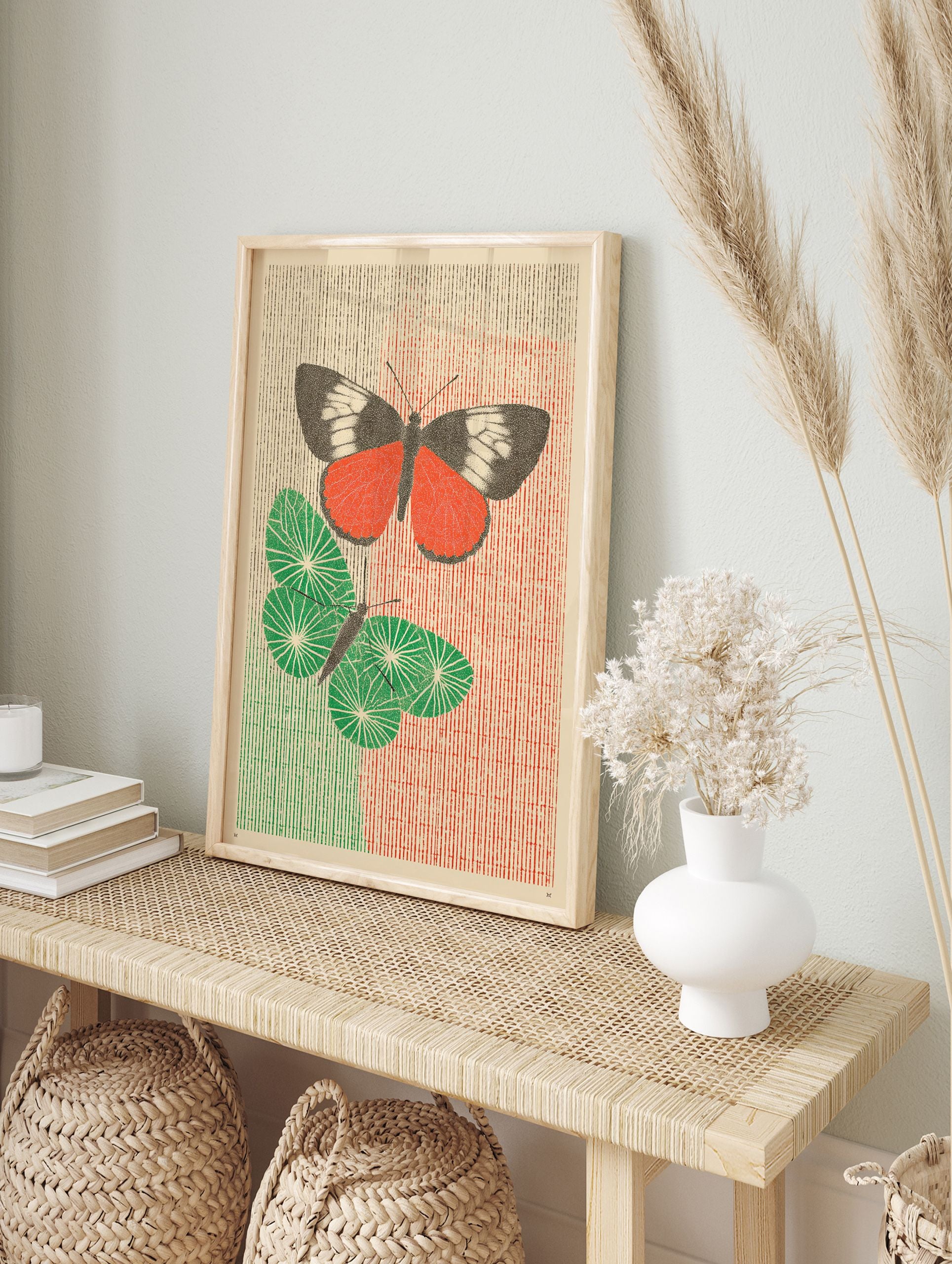 Red and green butterfly poster with two stylized insects on a textured striped background, one red, one green. - Image 4