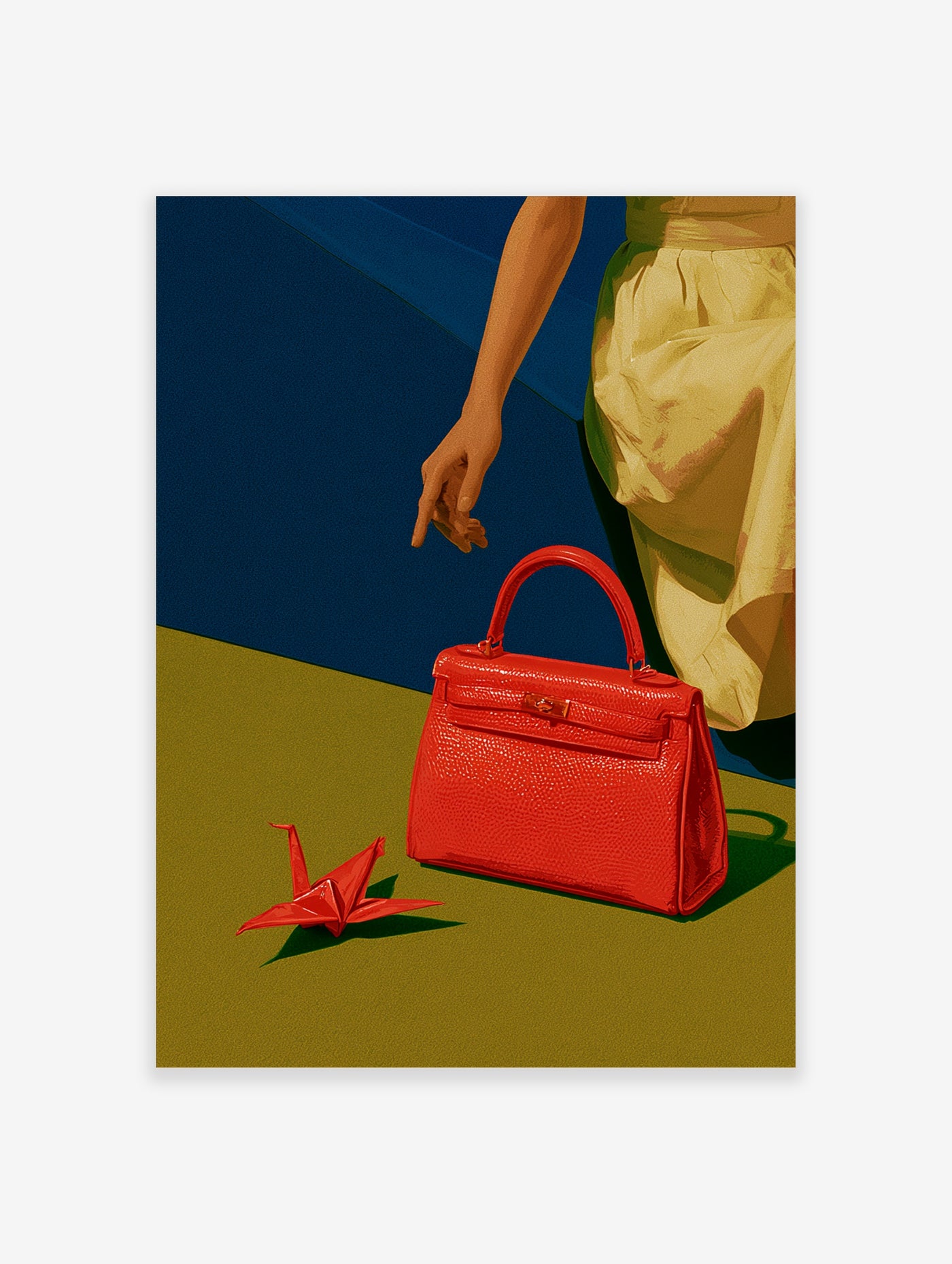 Red handbag and origami crane on olive surface with hand pointing, blue background, modern art print