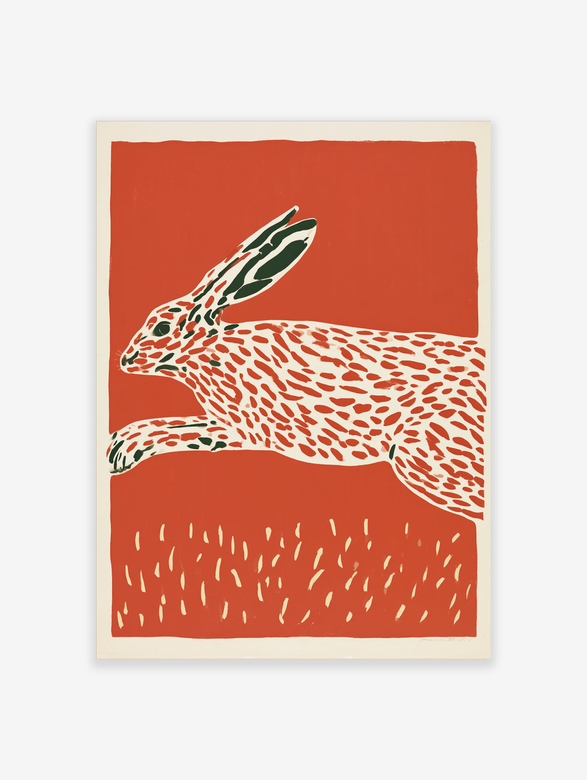 Red hare art print with leaping white hare covered in red and green dashes on red background
