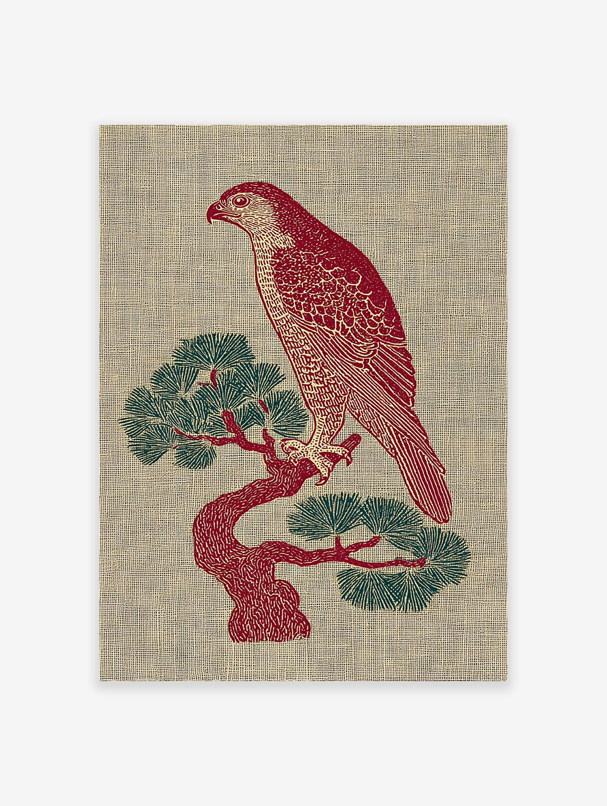Red hawk illustration perched on a green pine tree, against a textured beige background. Illustrative bird wall art.