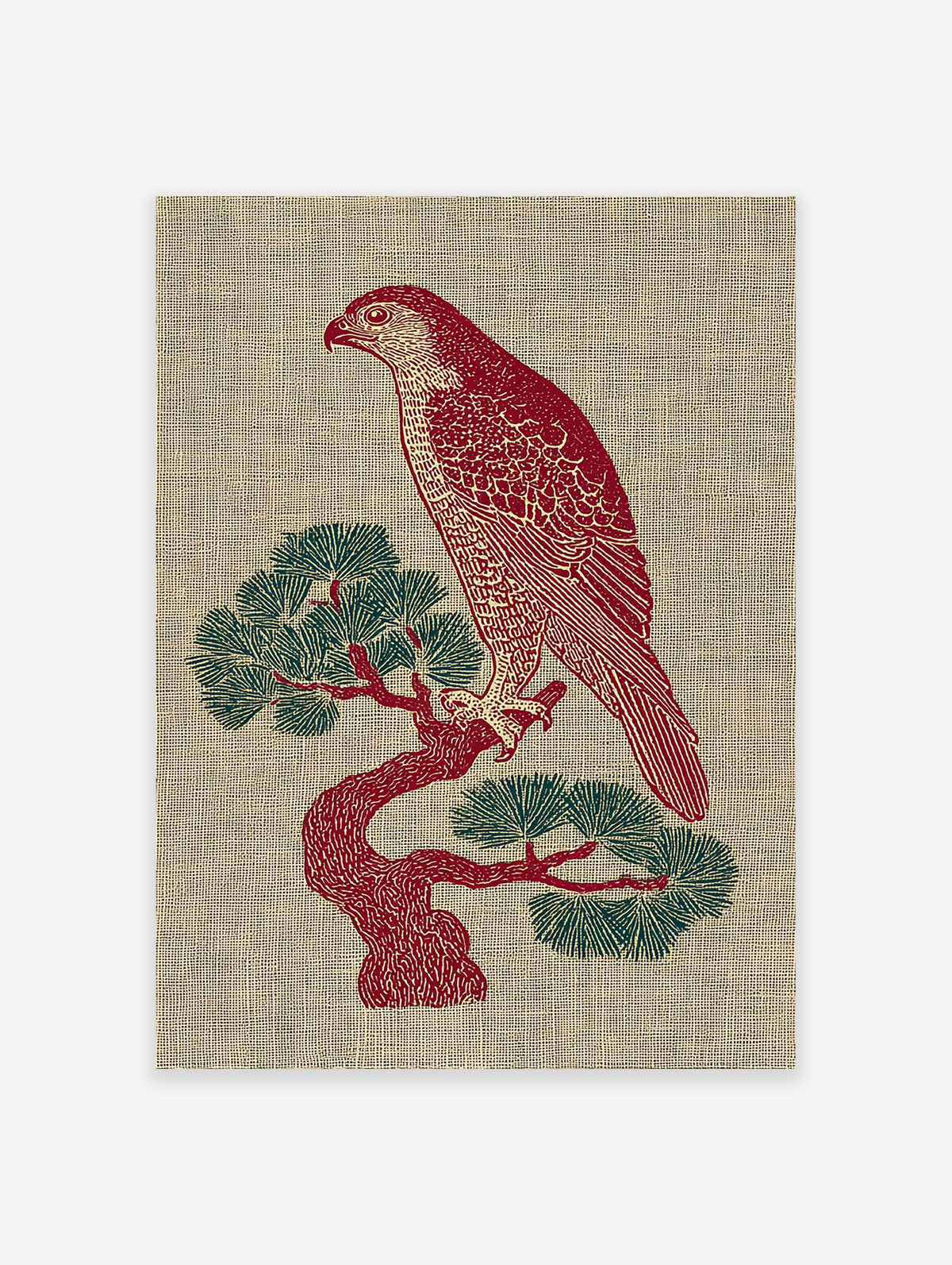 Red hawk illustration perched on a green pine tree, against a textured beige background. Illustrative bird wall art.