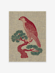 Red hawk illustration perched on a green pine tree, against a textured beige background. Illustrative bird wall art.