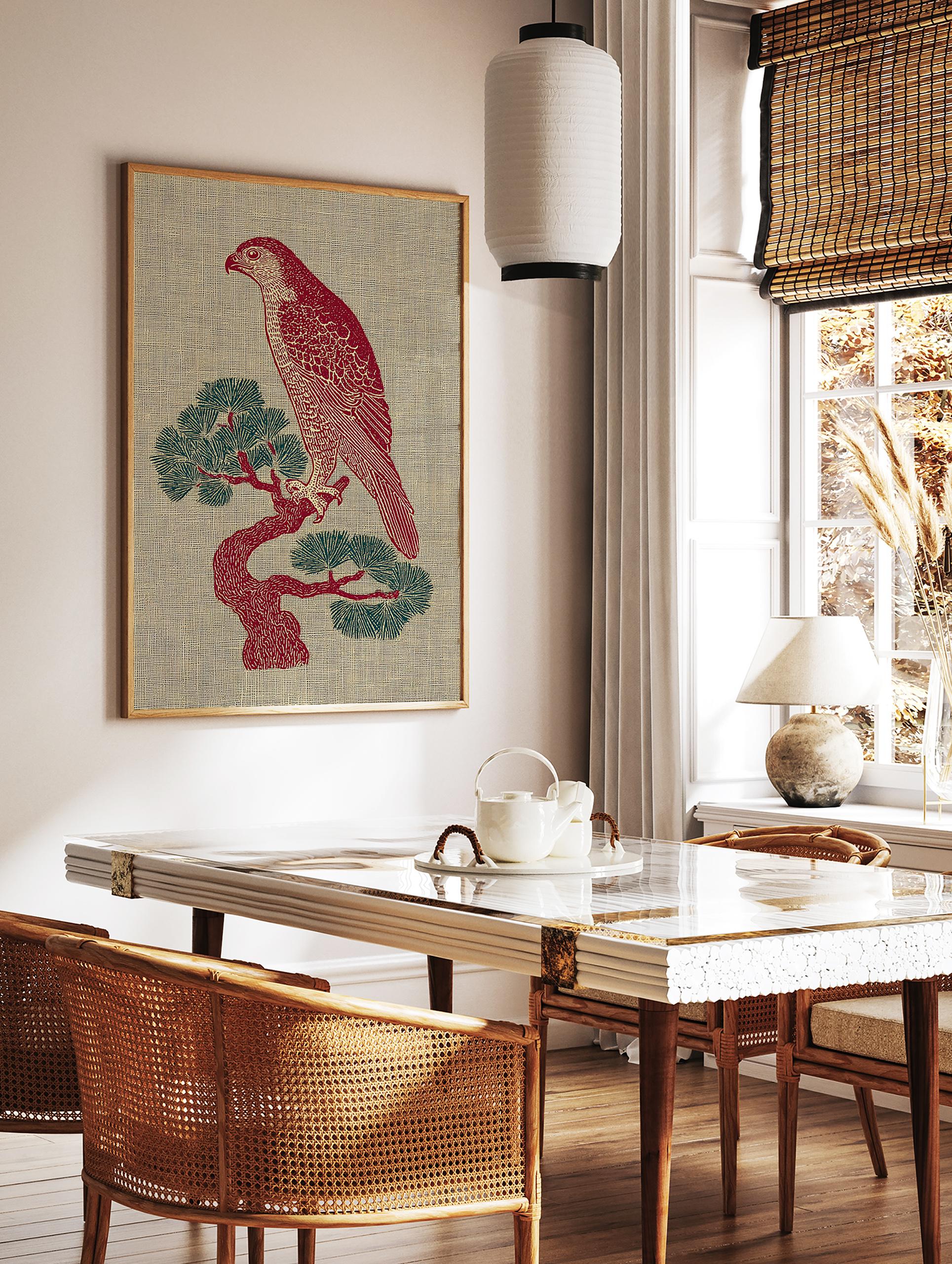 Red hawk illustration perched on a green pine tree, against a textured beige background. Illustrative bird wall art. - Image 3