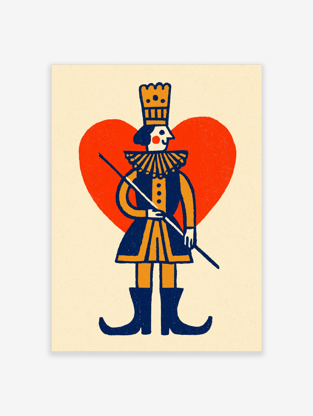 Illustrated jester in blue and orange costume holding a staff, standing before a large red heart