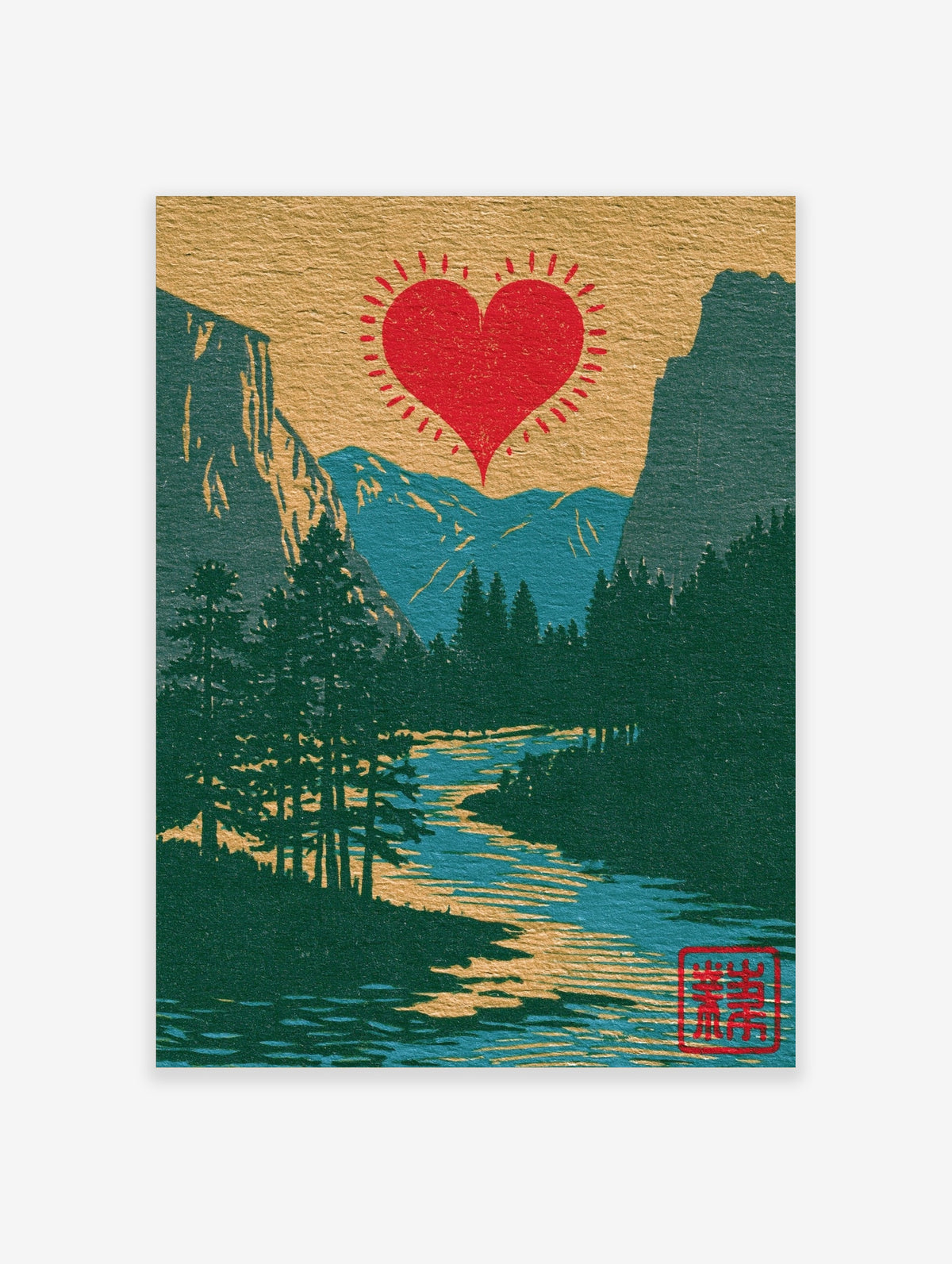 Red heart with radiating lines above a blue mountain valley, pine trees, and a flowing river on a gold background