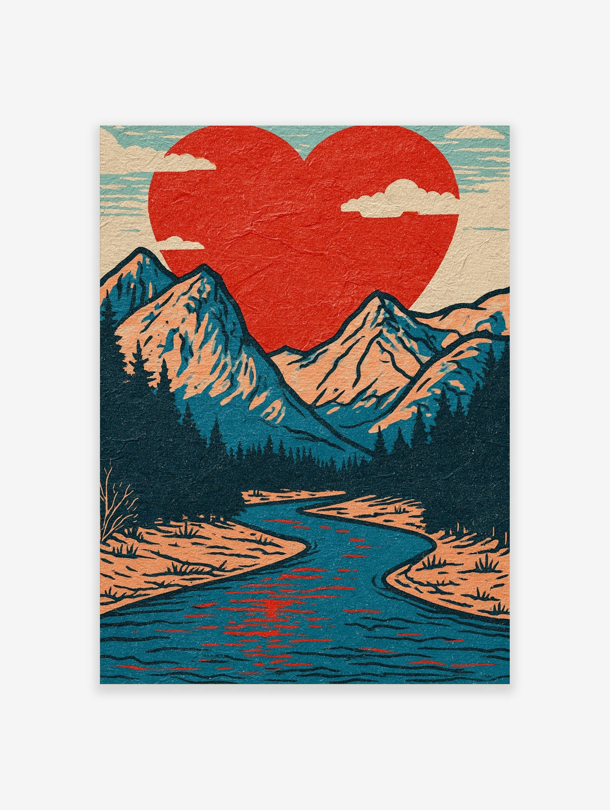 Red heart sun over blue mountains with pine trees and a winding river in retro print style
