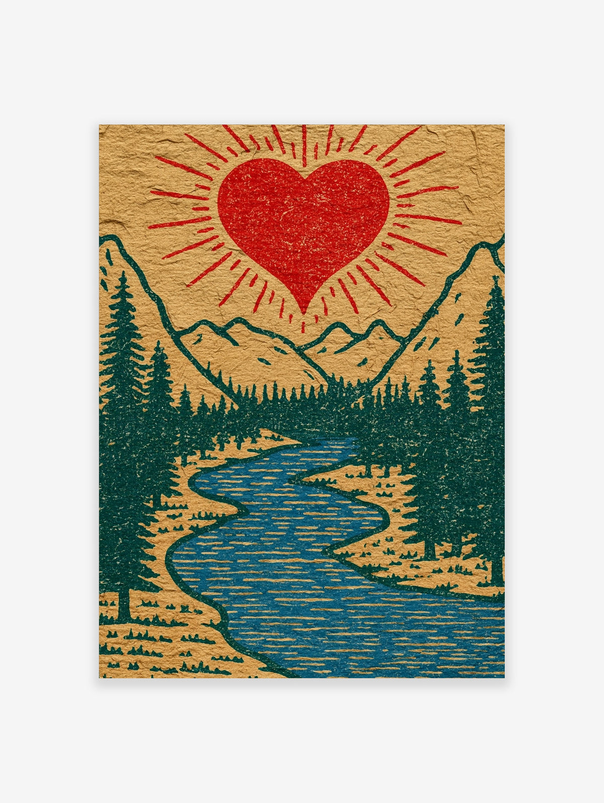 Red heart sunburst over green mountains, pine trees and blue river on tan paper art print