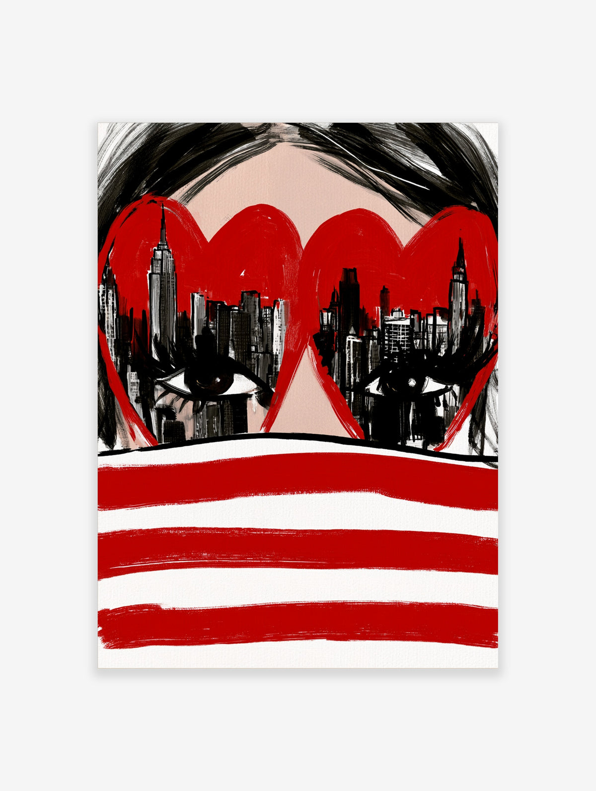 Red heart-shaped eyes revealing a black and grey New York City skyline with red stripes below
