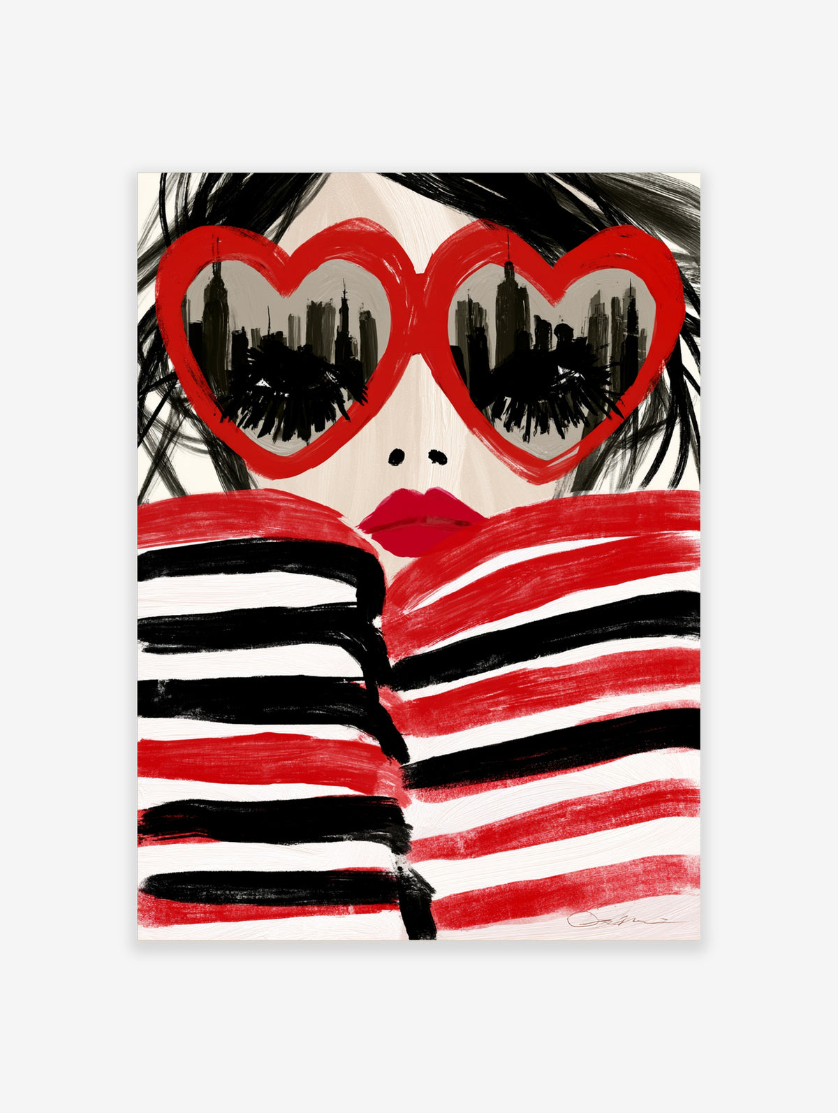 Red heart sunglasses poster with city skyline reflection, red lips and striped clothing
