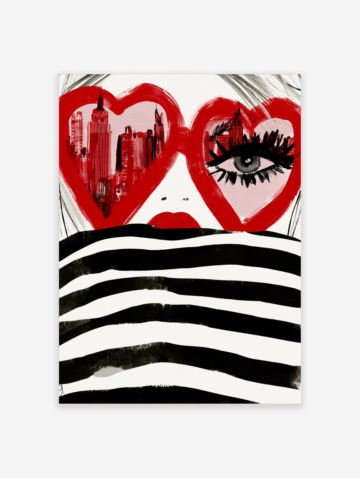 Red heart sunglasses poster with cityscape reflection and eye, black and white stripes