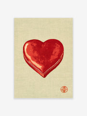 Minimalist red heart illustration with traditional red seal on a textured beige background, unframed art print