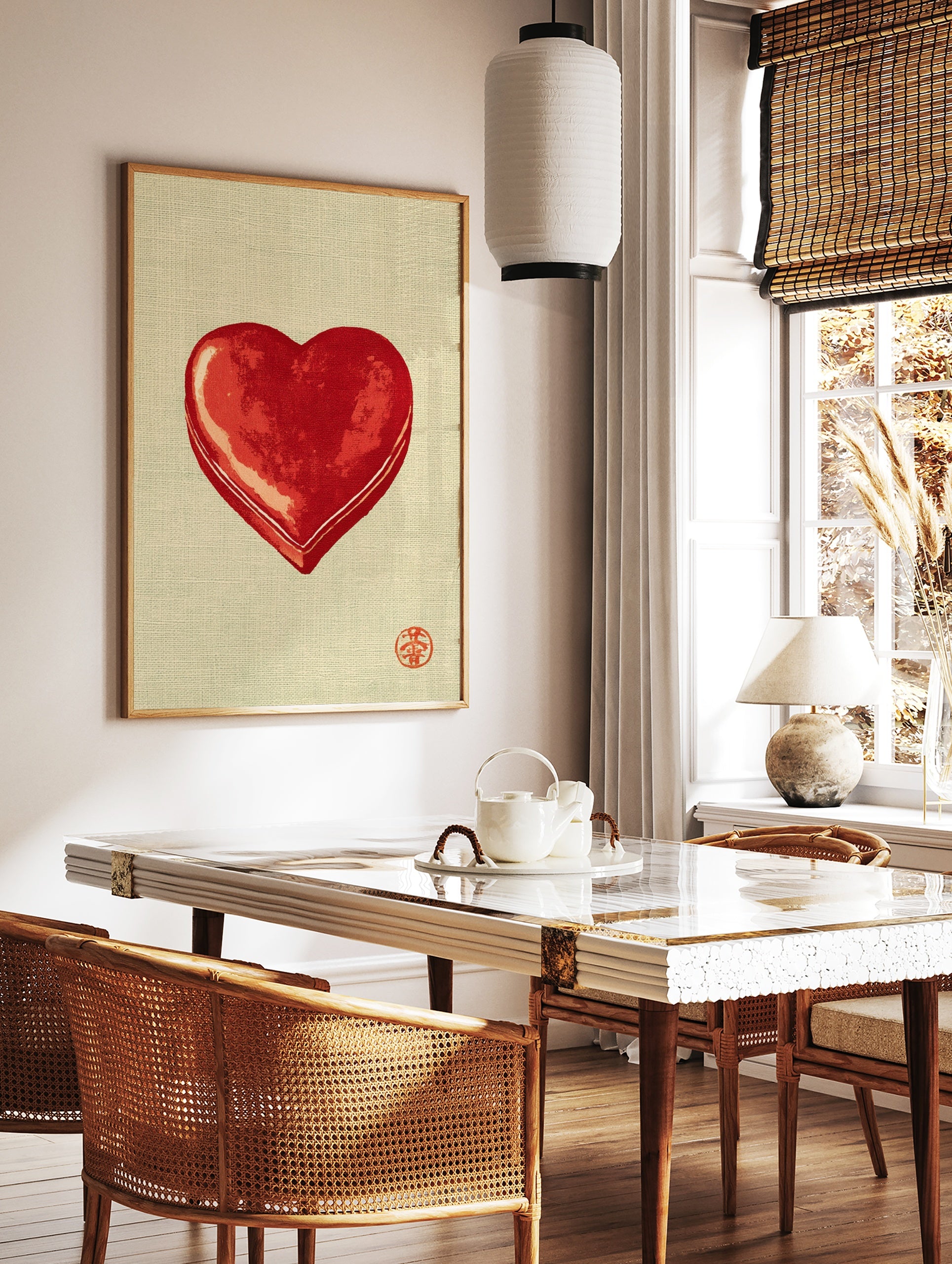 Minimalist red heart illustration with traditional red seal on a textured beige background, in a styled room mockup