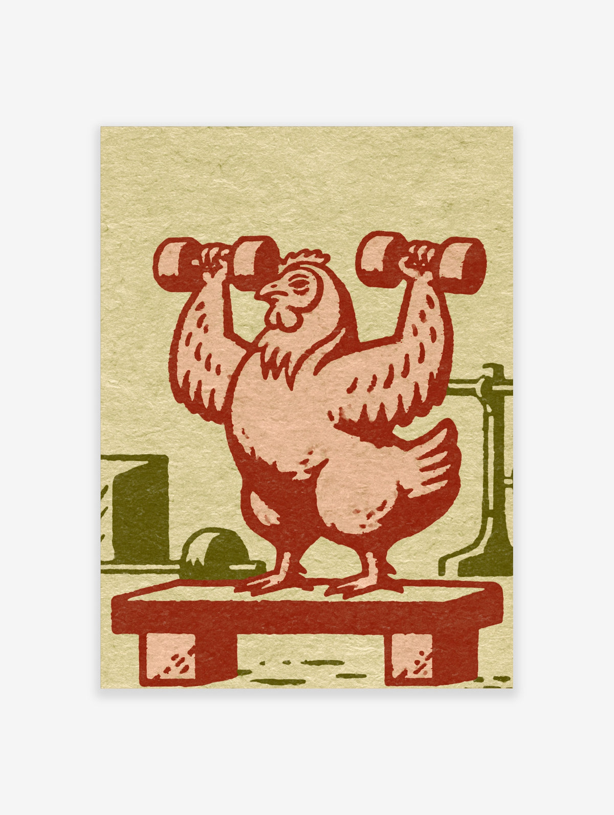 Red hen lifting dumbbells on a bench, block-print style poster with gym equipment