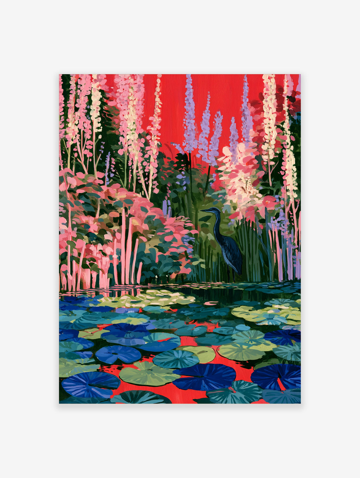 Blue-grey heron among pink foliage and lily pads on a red background art print