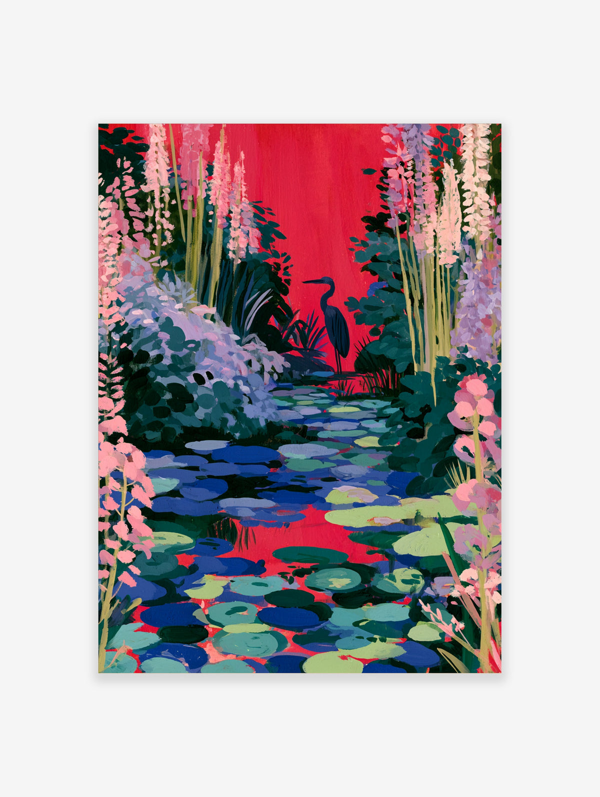 Red heron standing in a lily pond with pink flowers and blue lily pads, colourful garden art print