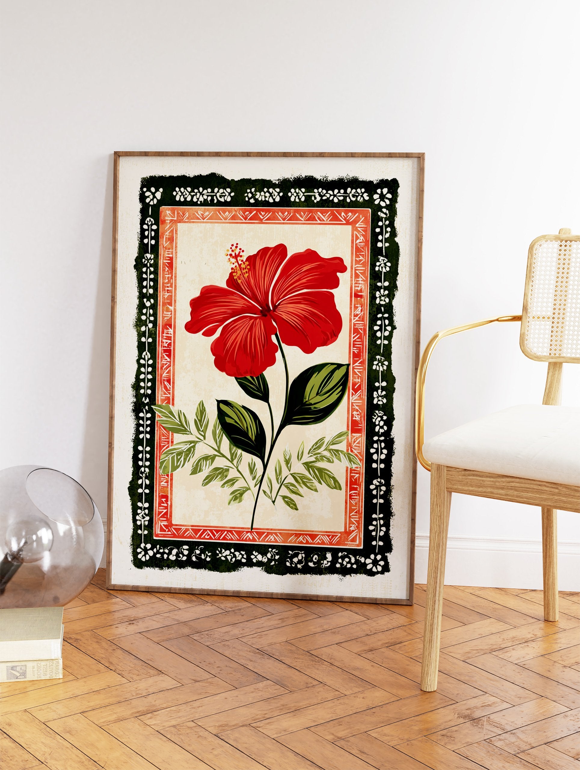 Red hibiscus flower botanical illustration with green leaves, set within a dark green and red folk art decorative frame. - Image 2