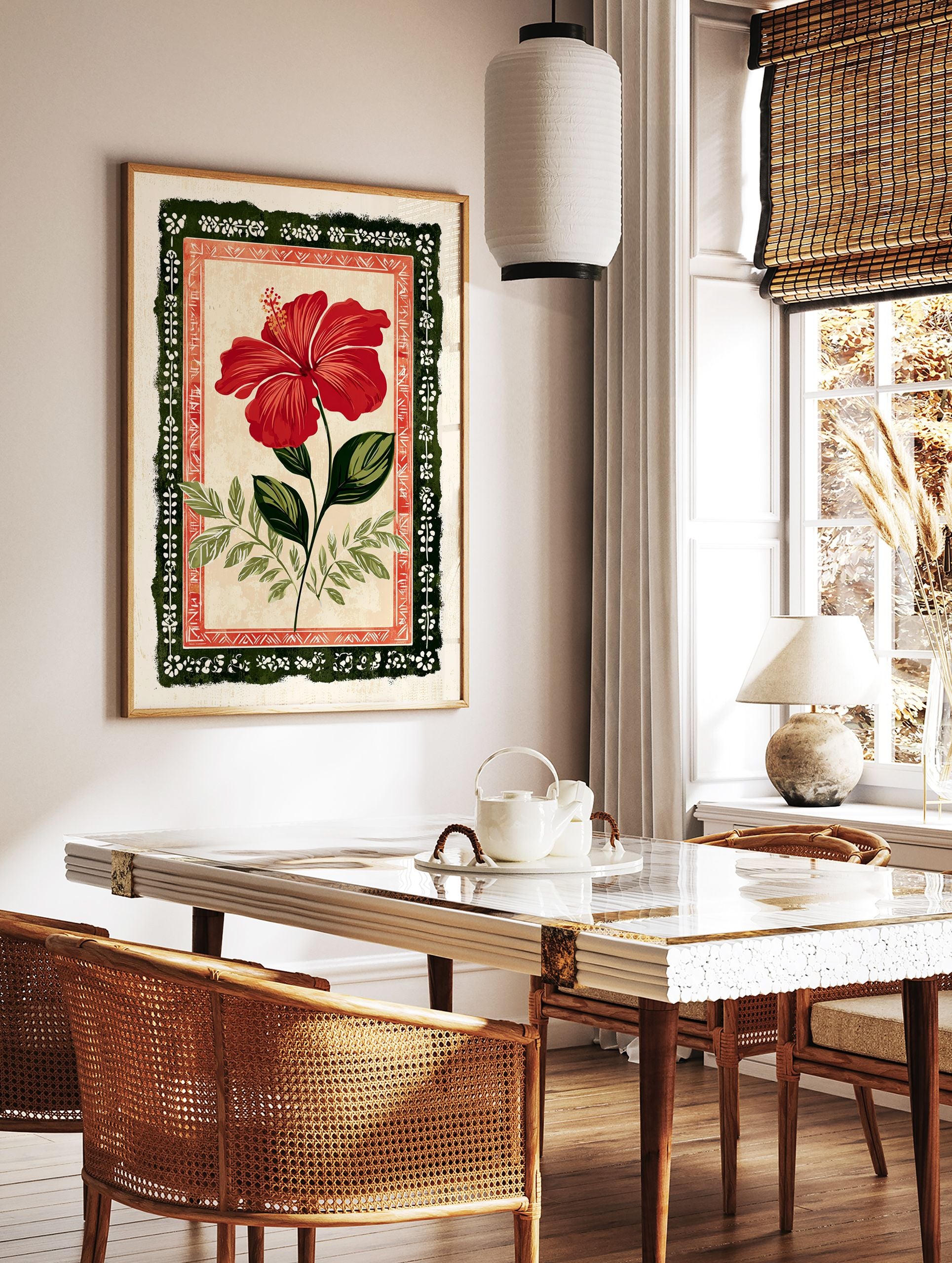 Red hibiscus flower botanical illustration with green leaves, set within a dark green and red folk art decorative frame. - Image 3
