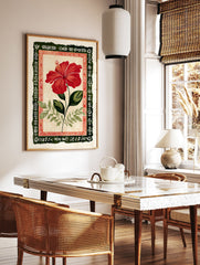 Red hibiscus flower botanical illustration with green leaves, set within a dark green and red folk art decorative frame. - Image 3