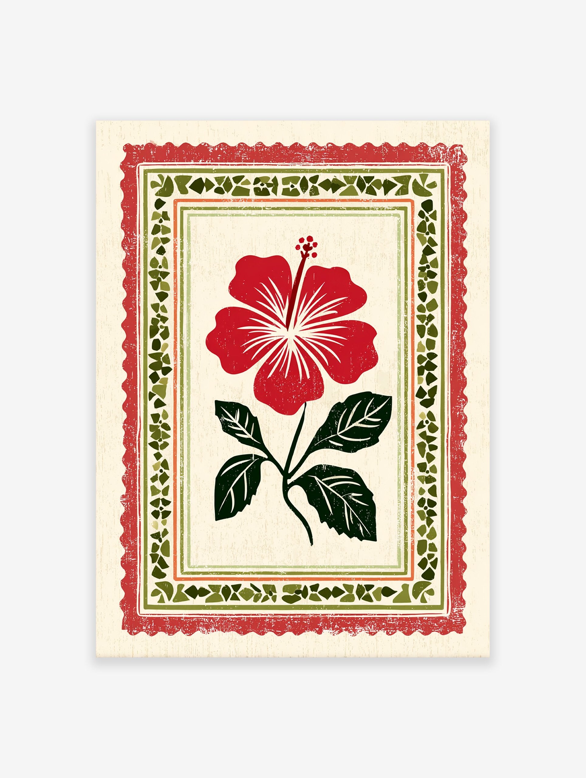 Red hibiscus flower botanical art print with green leaves in a decorative folk art border on a cream background.
