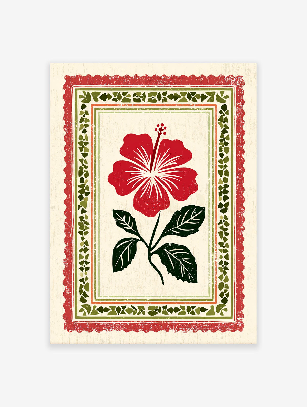 Red hibiscus flower botanical art print with green leaves in a decorative folk art border on a cream background.
