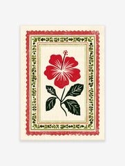 Red hibiscus flower botanical art print with green leaves in a decorative folk art border on a cream background.