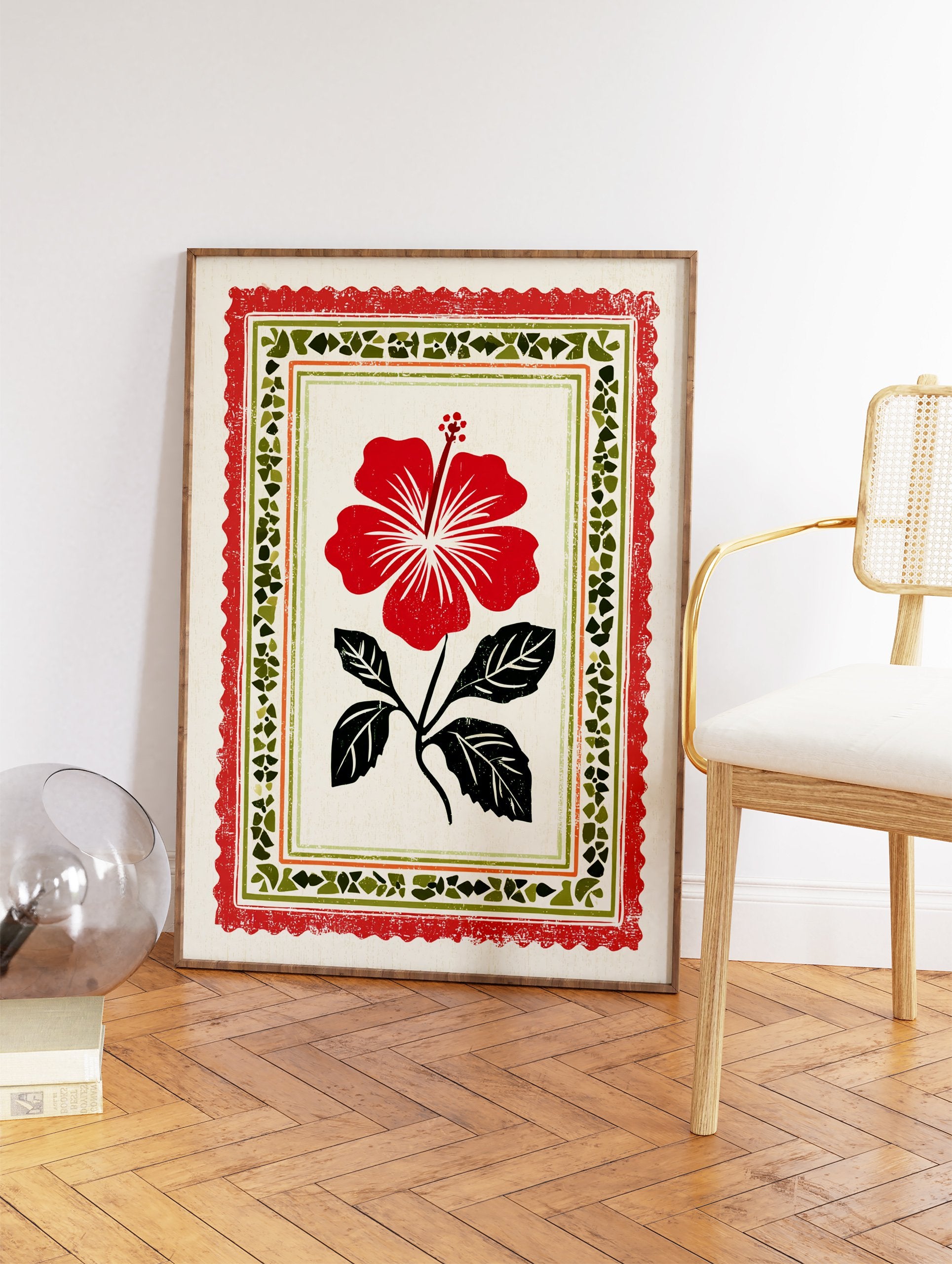 Red hibiscus flower botanical art print with green leaves in a decorative folk art border on a cream background. - Image 2