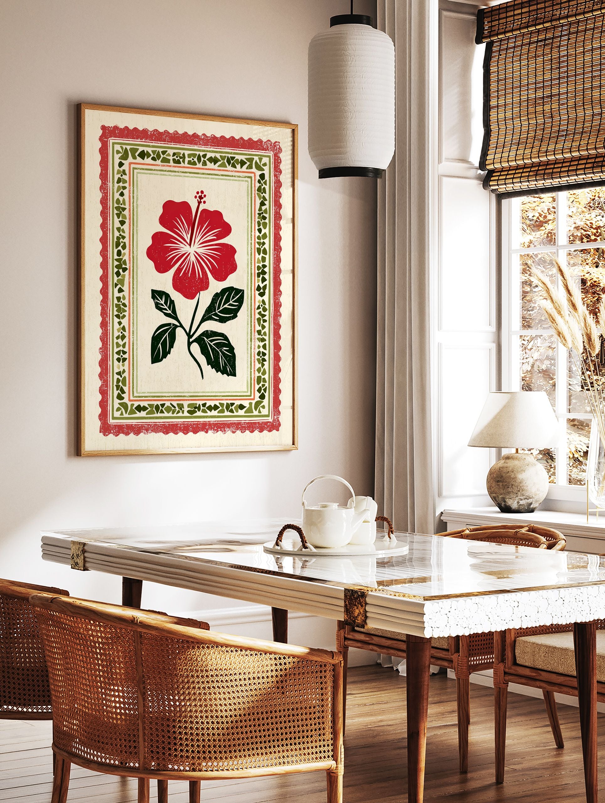 Red hibiscus flower botanical art print with green leaves in a decorative folk art border on a cream background. - Image 3
