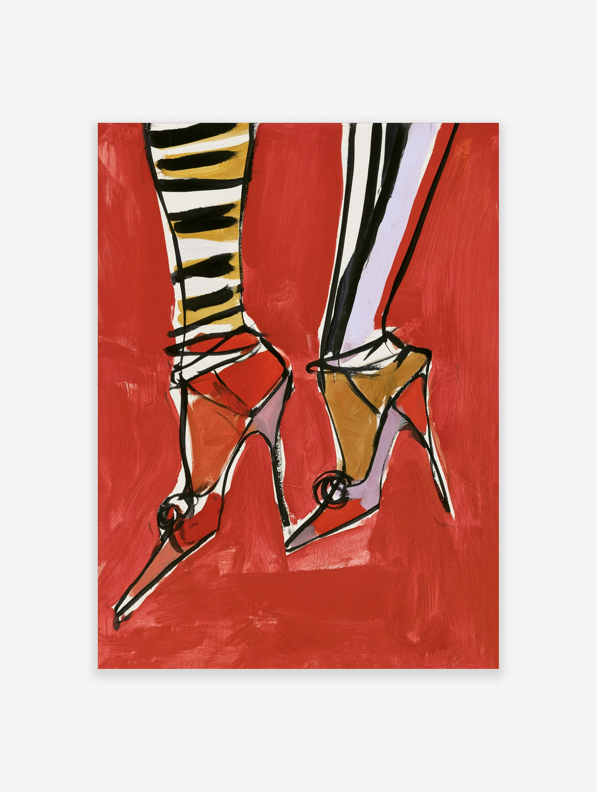 Fashion illustration of two legs in patterned tights and red high heels on red background