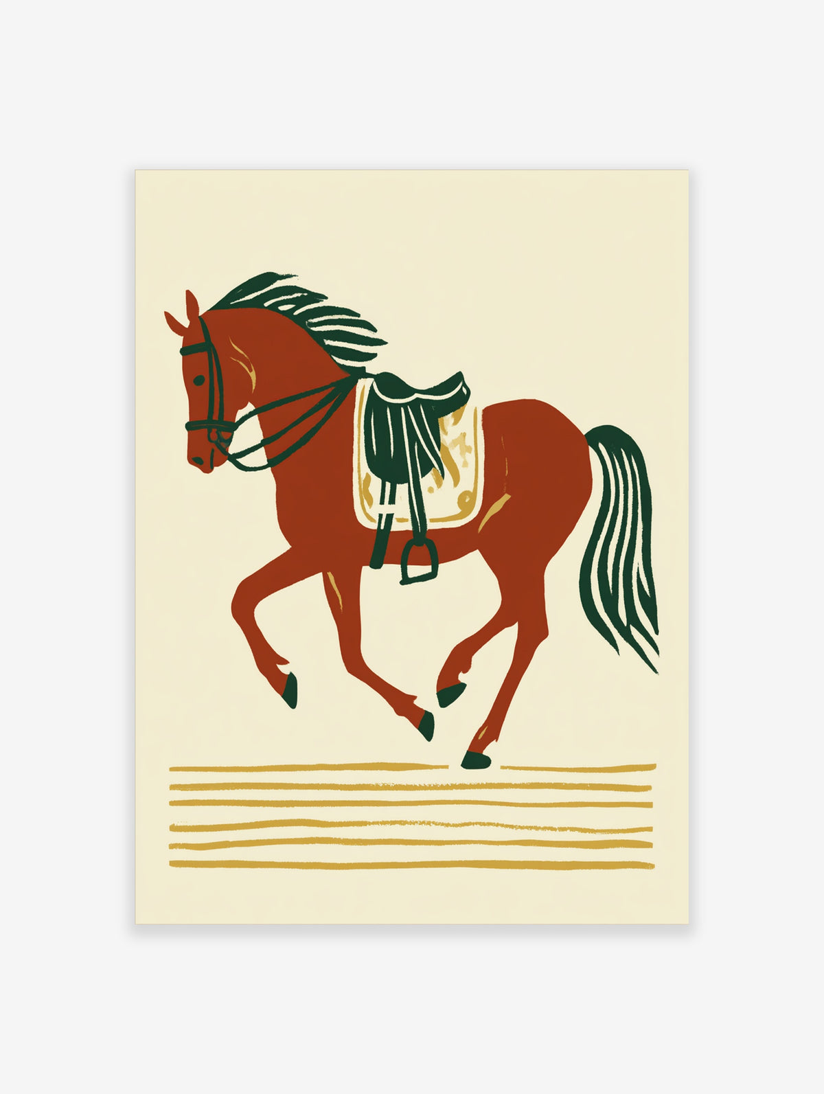 Red horse with saddle and bridle, dark green mane, cream background, gold lines, retro illustration