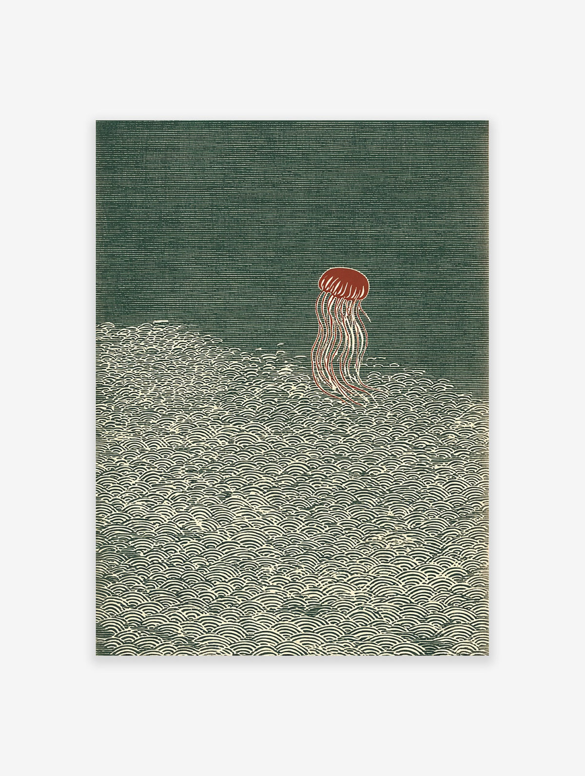 Red jellyfish illustration floating above detailed green patterned ocean waves, a serene piece of jellyfish wall art.
