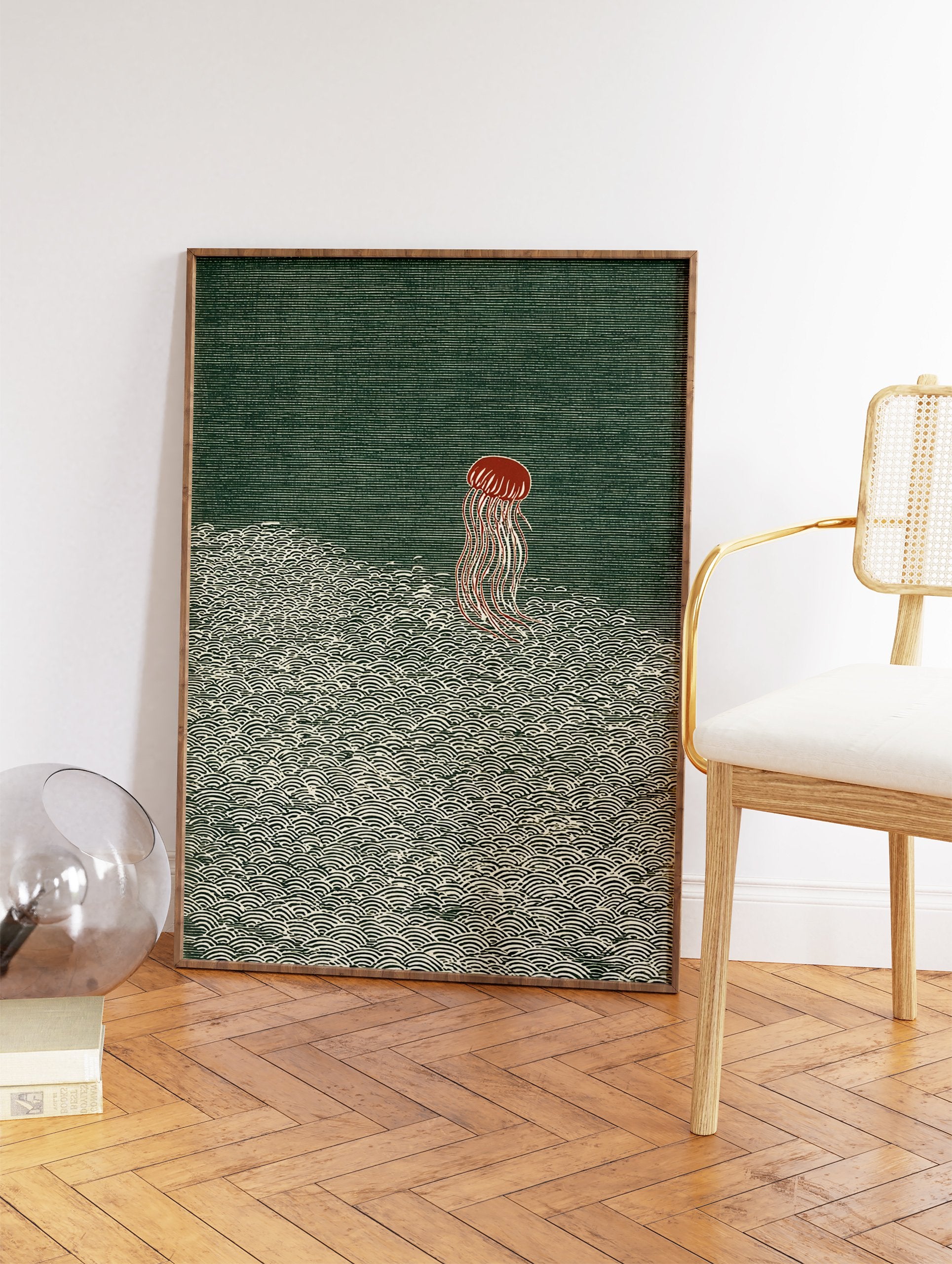 Red jellyfish illustration floating above detailed green patterned ocean waves, a serene piece of jellyfish wall art. - Image 2
