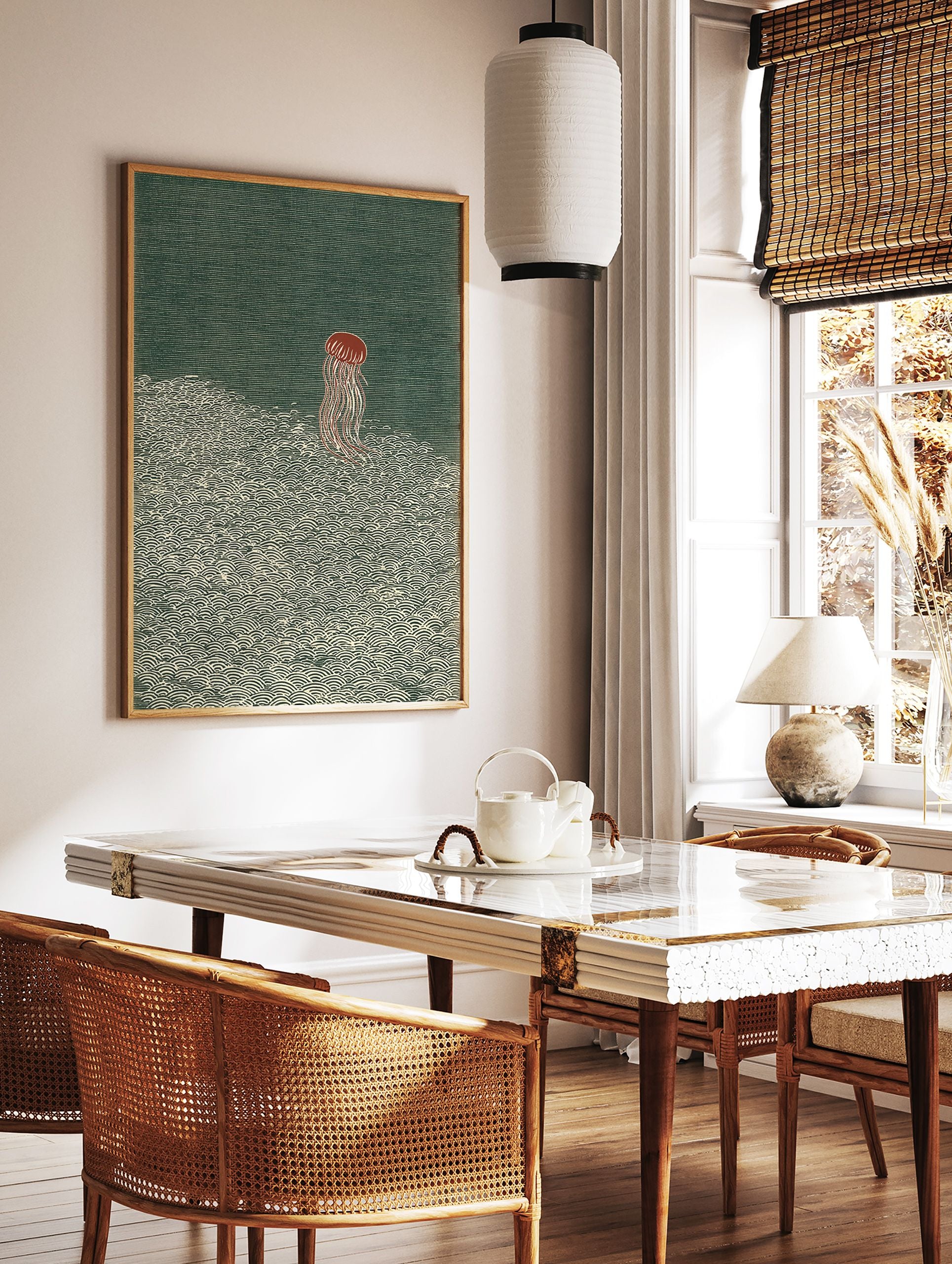 Red jellyfish illustration floating above detailed green patterned ocean waves, a serene piece of jellyfish wall art. - Image 3