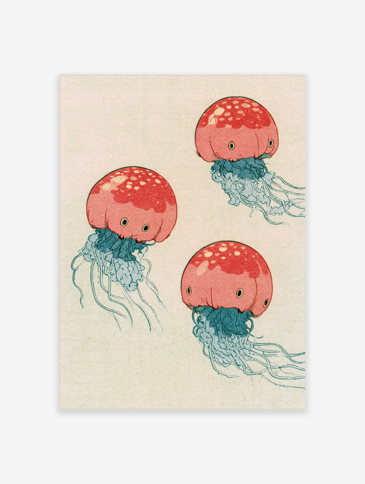 Illustrative red jellyfish wall art print with blue tentacles on a neutral background