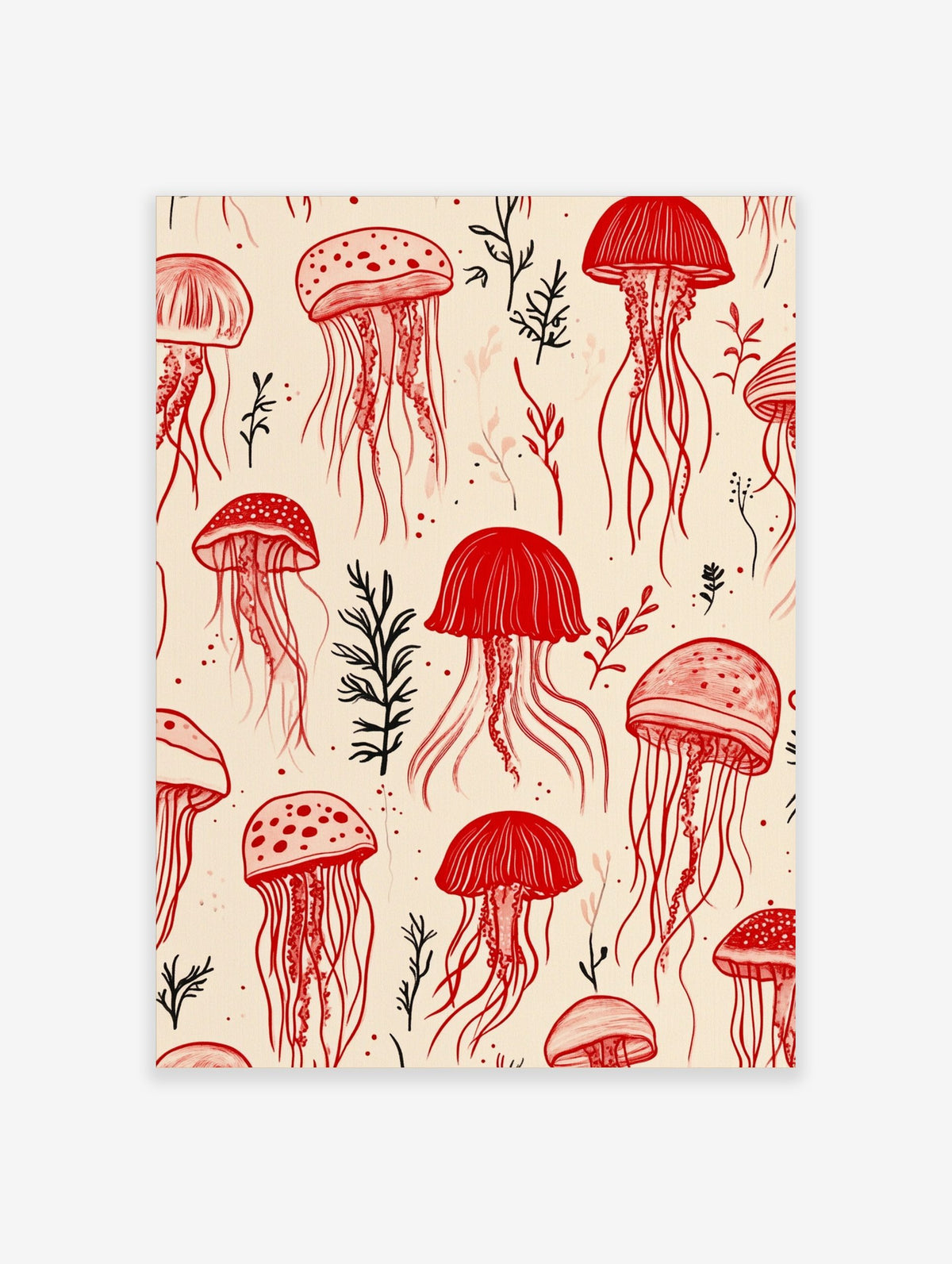 Seamless pattern of red jellyfish and black and red marine plants on a light beige background, illustrative style