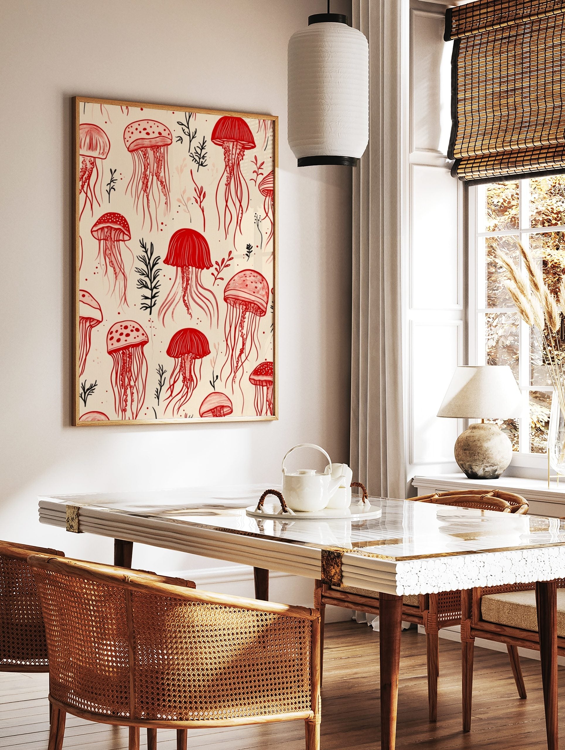 Seamless pattern of red jellyfish and black and red marine plants on a light beige background, in a styled room mockup