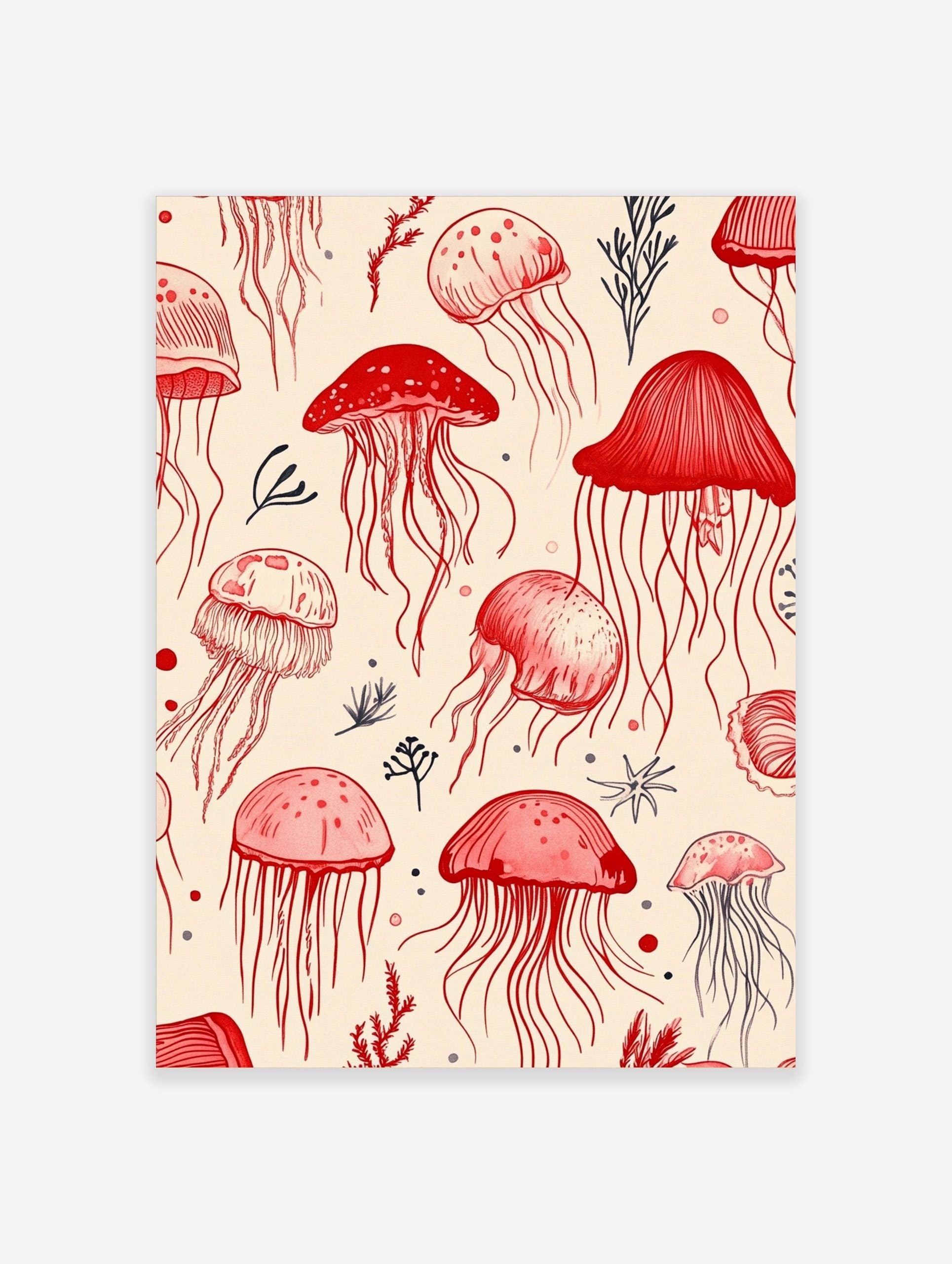 Illustrative art print featuring red jellyfish and dark marine plants on a light background, in a repeat pattern