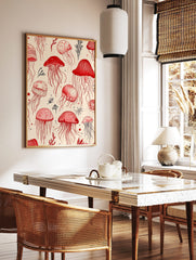 Illustrative art print featuring red jellyfish and dark marine plants on a light background, in a, in a styled room mockup