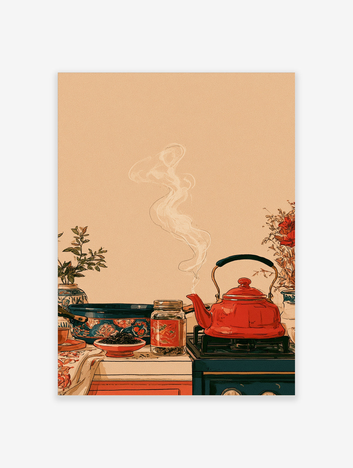 Red kettle with steam on stovetop beside blue pan and tea jar, kitchen still life illustration