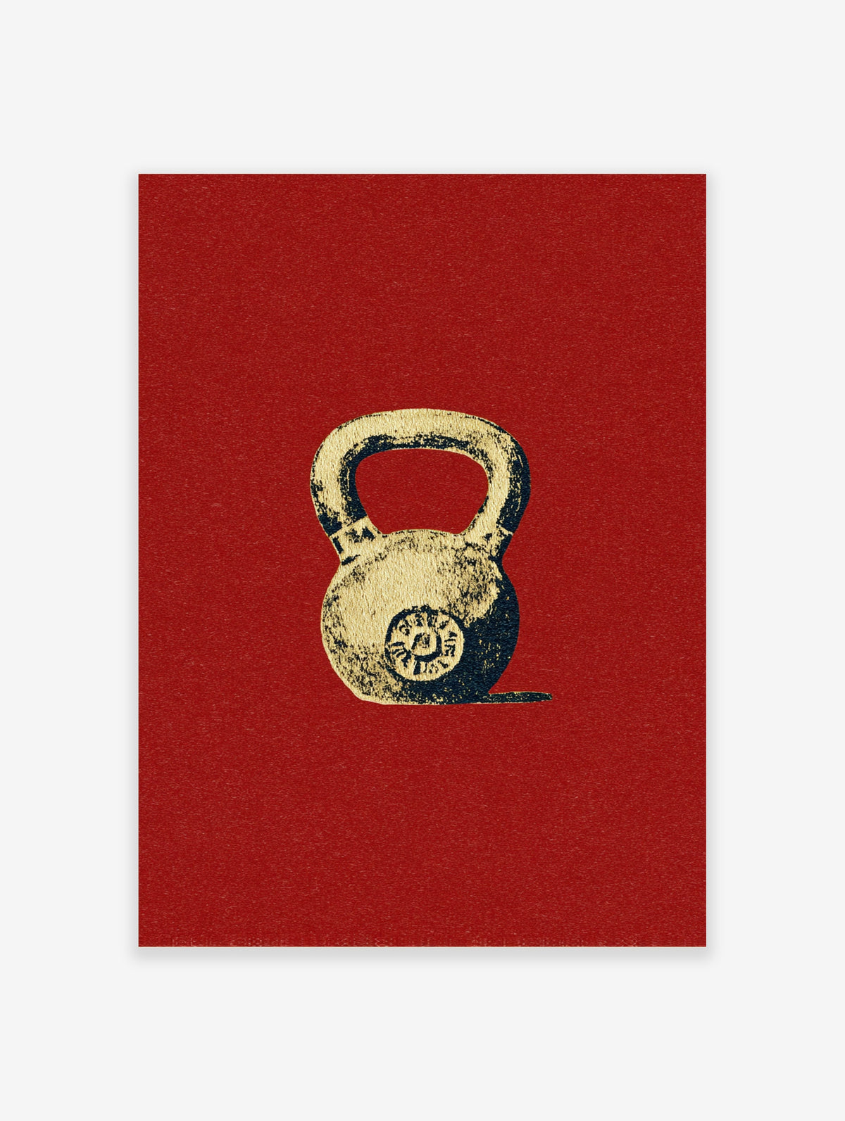 Red and cream kettlebell poster with distressed texture and circular emblem on deep red background