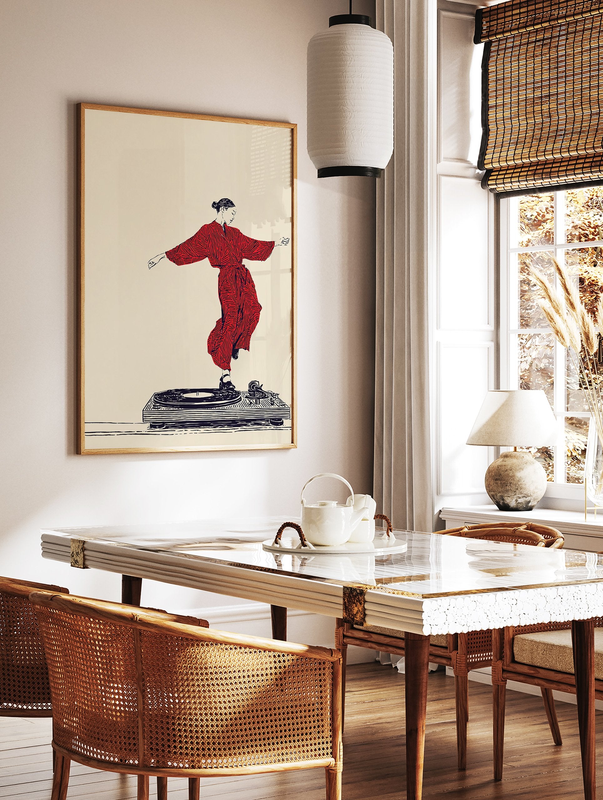 Illustration of a woman in a red kimono dancing on a turntable, a dynamic music wall art print on a beige background. - Image 2
