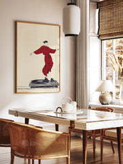 Illustration of a woman in a red kimono dancing on a turntable, a dynamic music wall art print on a beige background. - Image 2