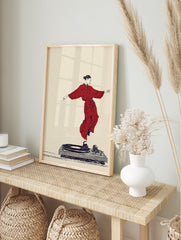 Illustration of a woman in a red kimono dancing on a turntable, a dynamic music wall art print on a beige background. - Image 3