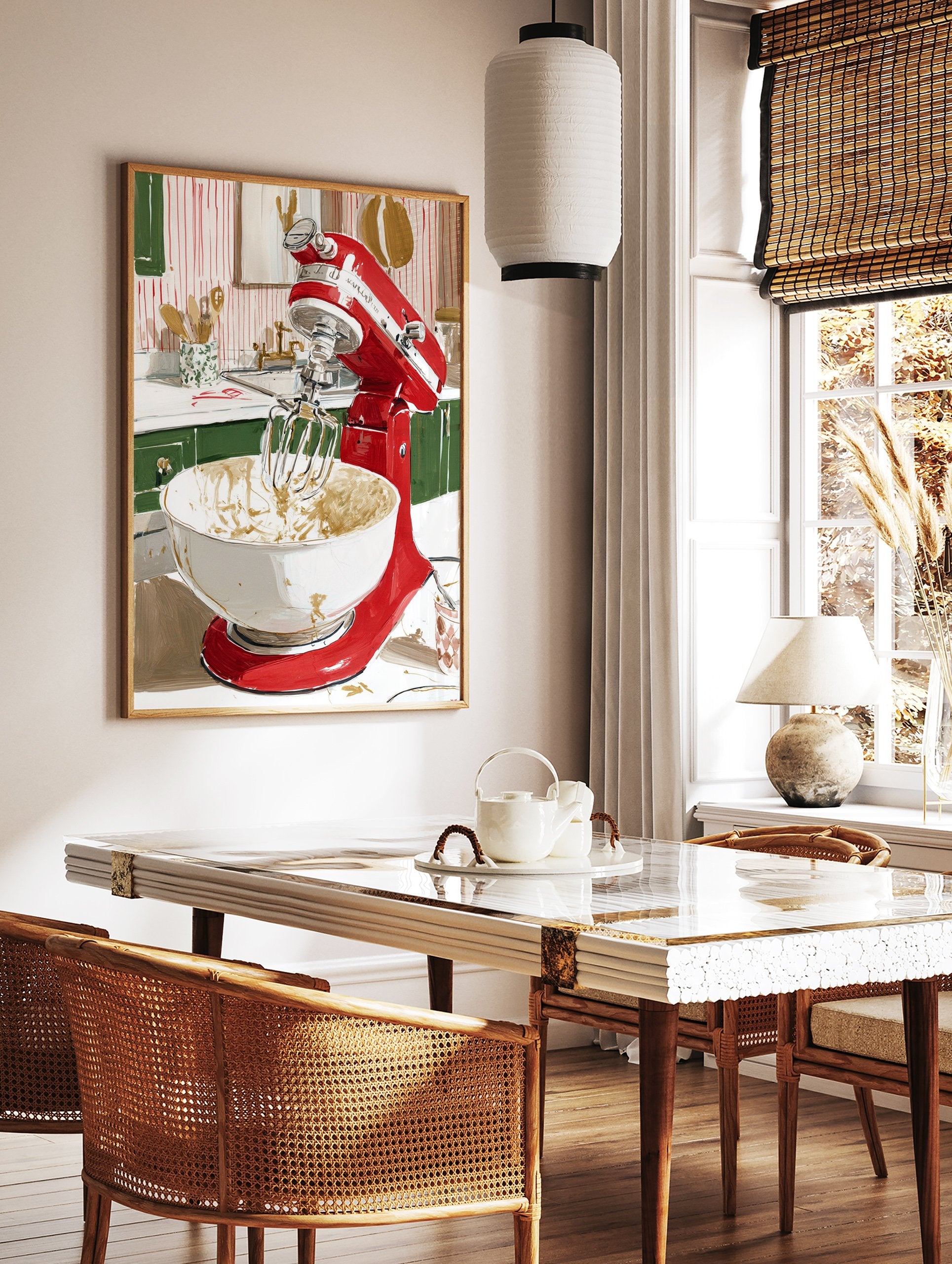 Red Kitchen Mixer poster in a kitchen, mixing batter in a white bowl with a whisk, green cabinets, striped wall. - Image 2