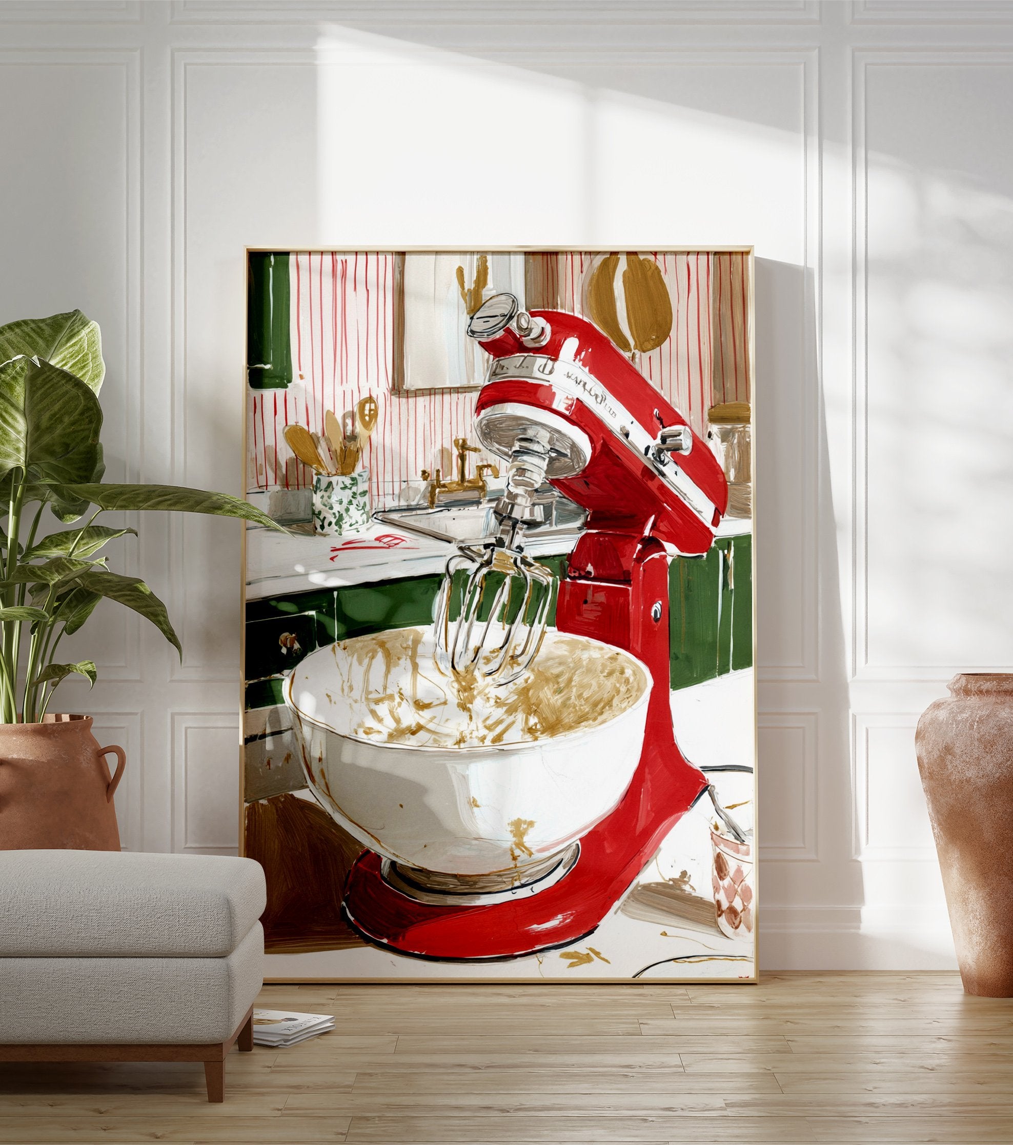 Red Kitchen Mixer poster in a kitchen, mixing batter in a white bowl with a whisk, green cabinets, striped wall. - Image 3