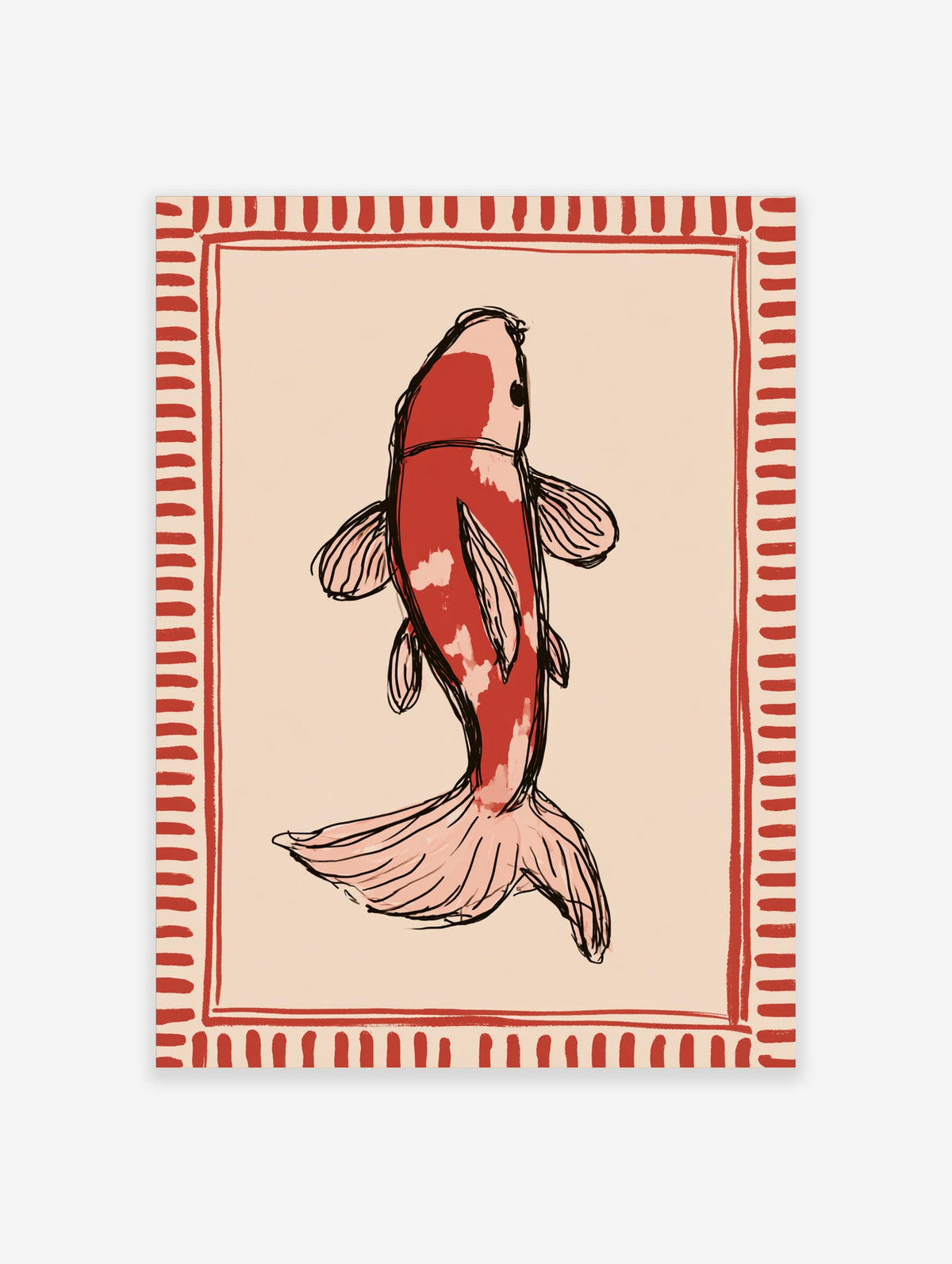 Red and white koi fish illustration with black outlines and a decorative red border on a beige background