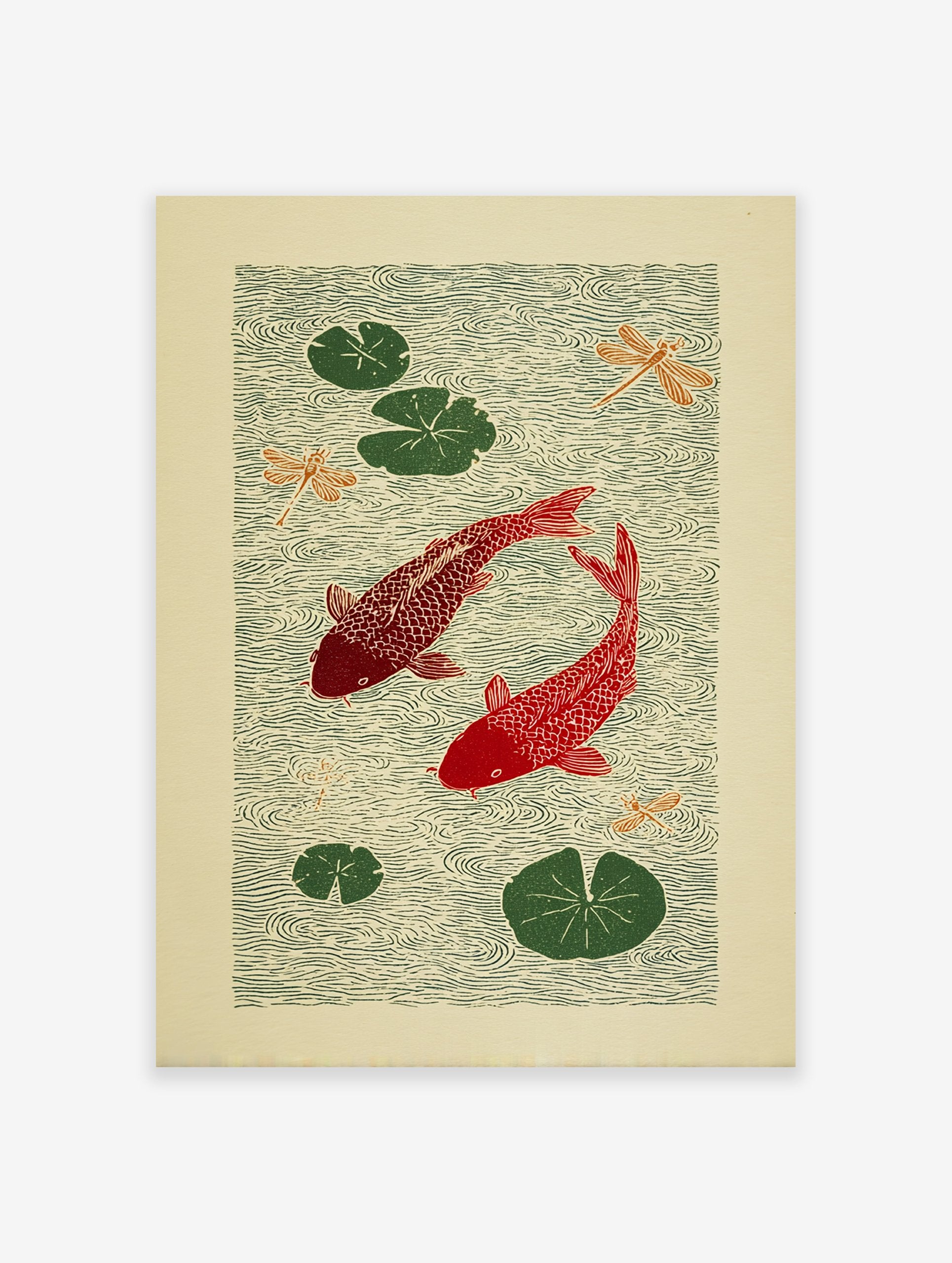 Japanese style red koi fish poster with green lily pads and orange dragonflies on rippling green water.