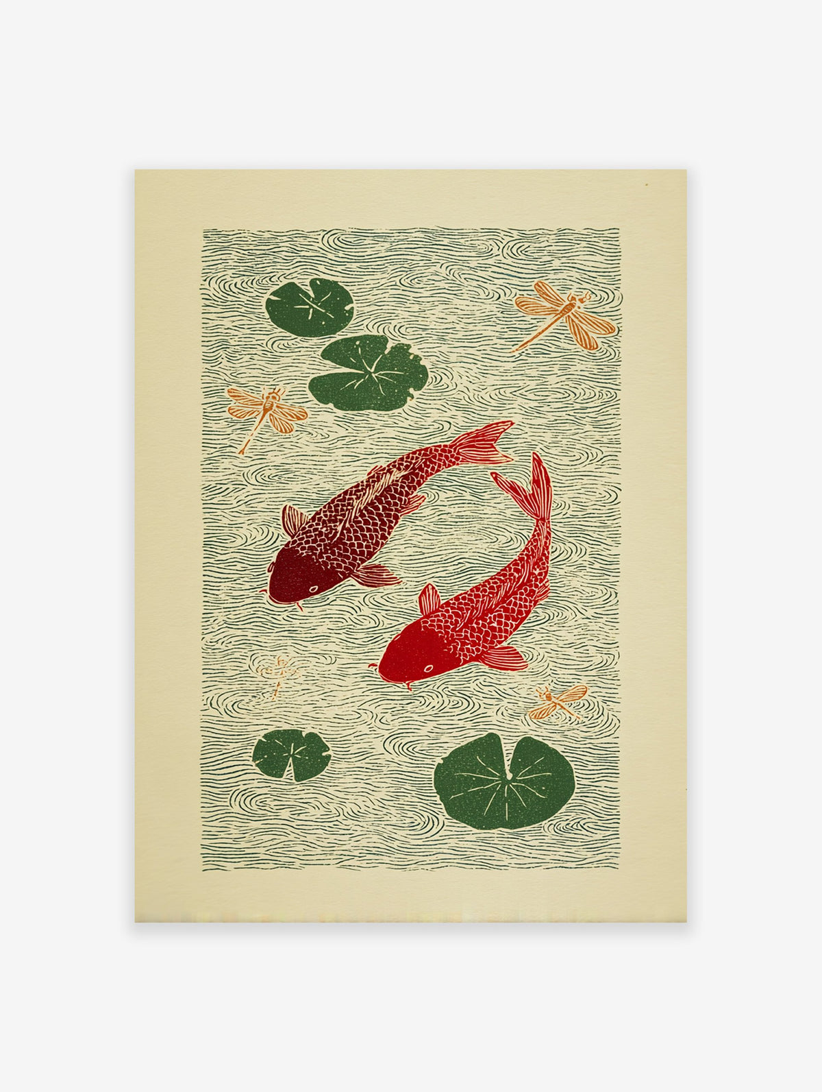 Japanese style red koi fish poster with green lily pads and orange dragonflies on rippling green water.