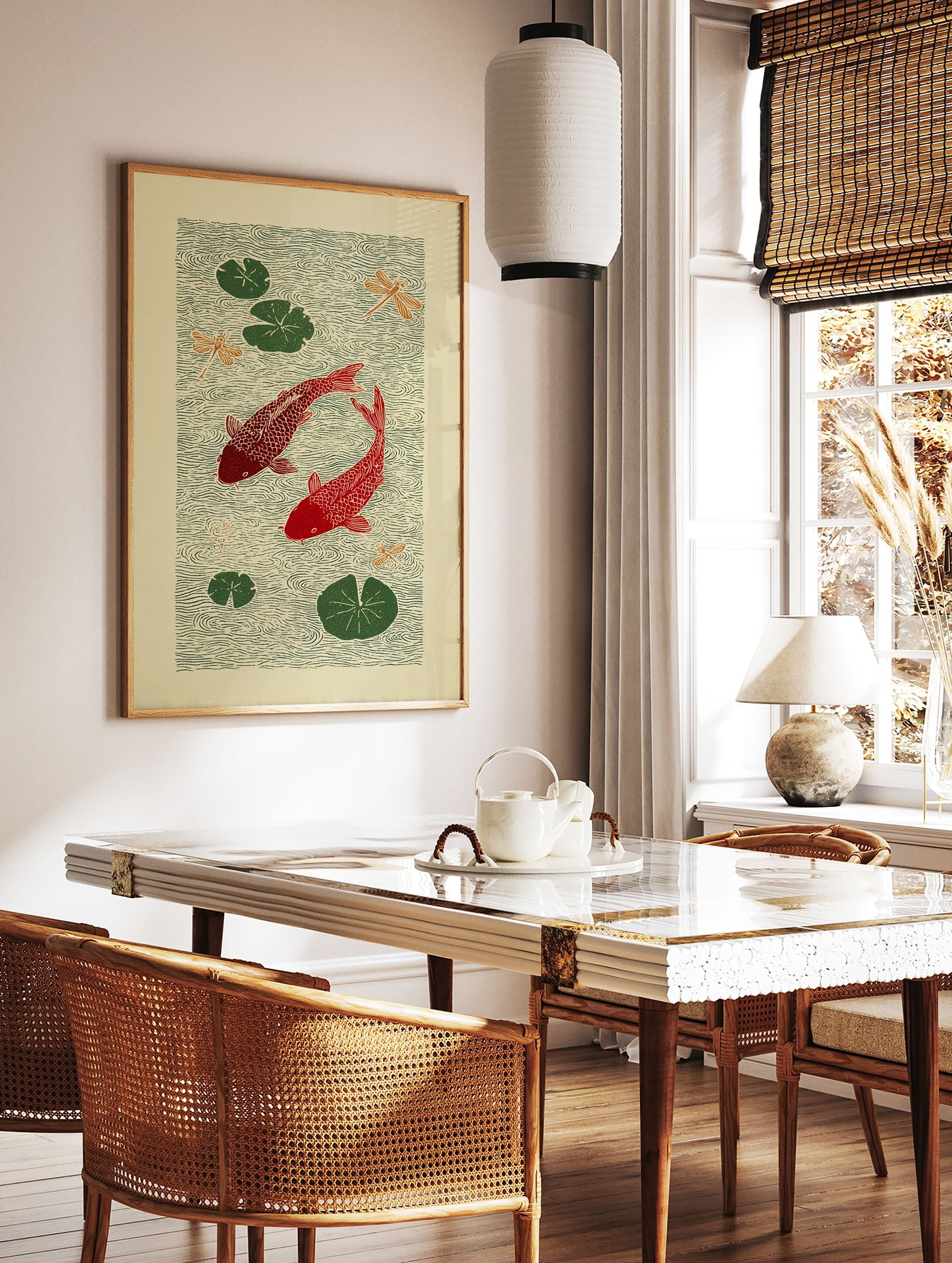 Japanese style red koi fish poster with green lily pads and orange dragonflies on rippling green water. - Image 2