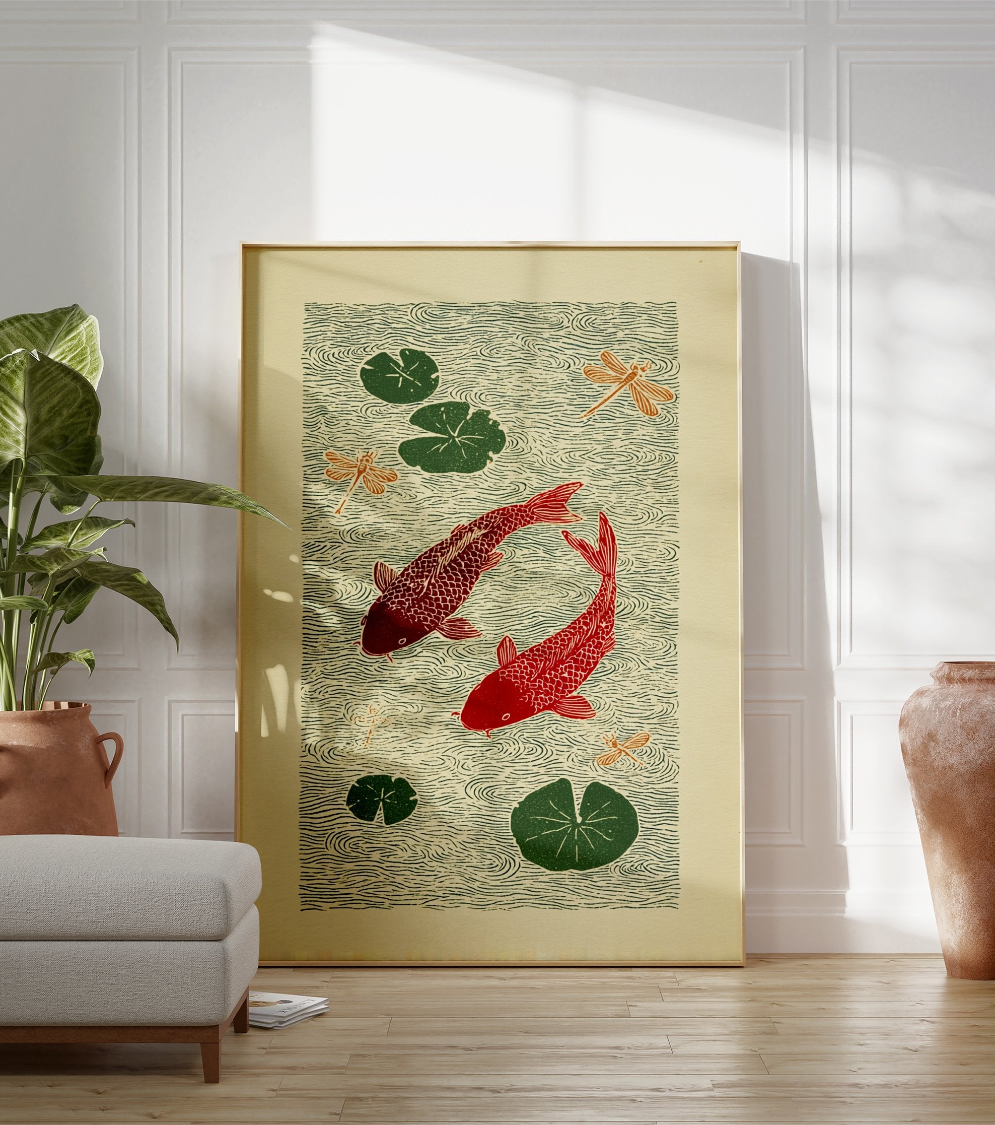 Japanese style red koi fish poster with green lily pads and orange dragonflies on rippling green water. - Image 3